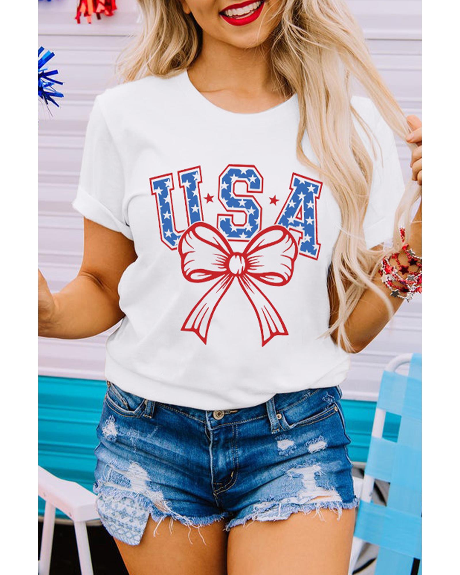 V539-AZEXDC25228959-1-M-202508292150-00 White USA Bow Letter Graphic Short Sleeve Top - M - Image 1