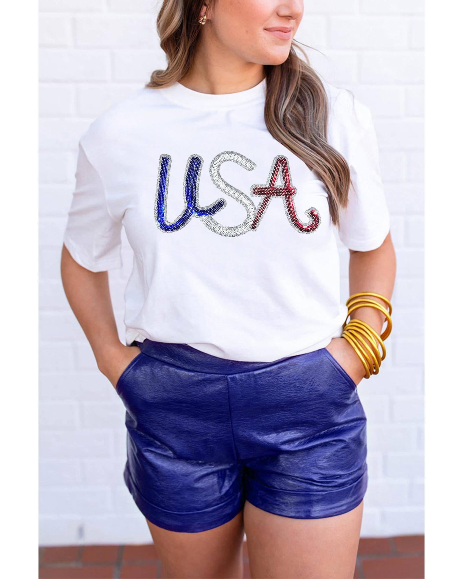 V539-AZEXDC25228995-1-2XL-202508281730-00 White Sequin USA Graphic Crew Neck Patriotic Tee - 2XL - Image 1