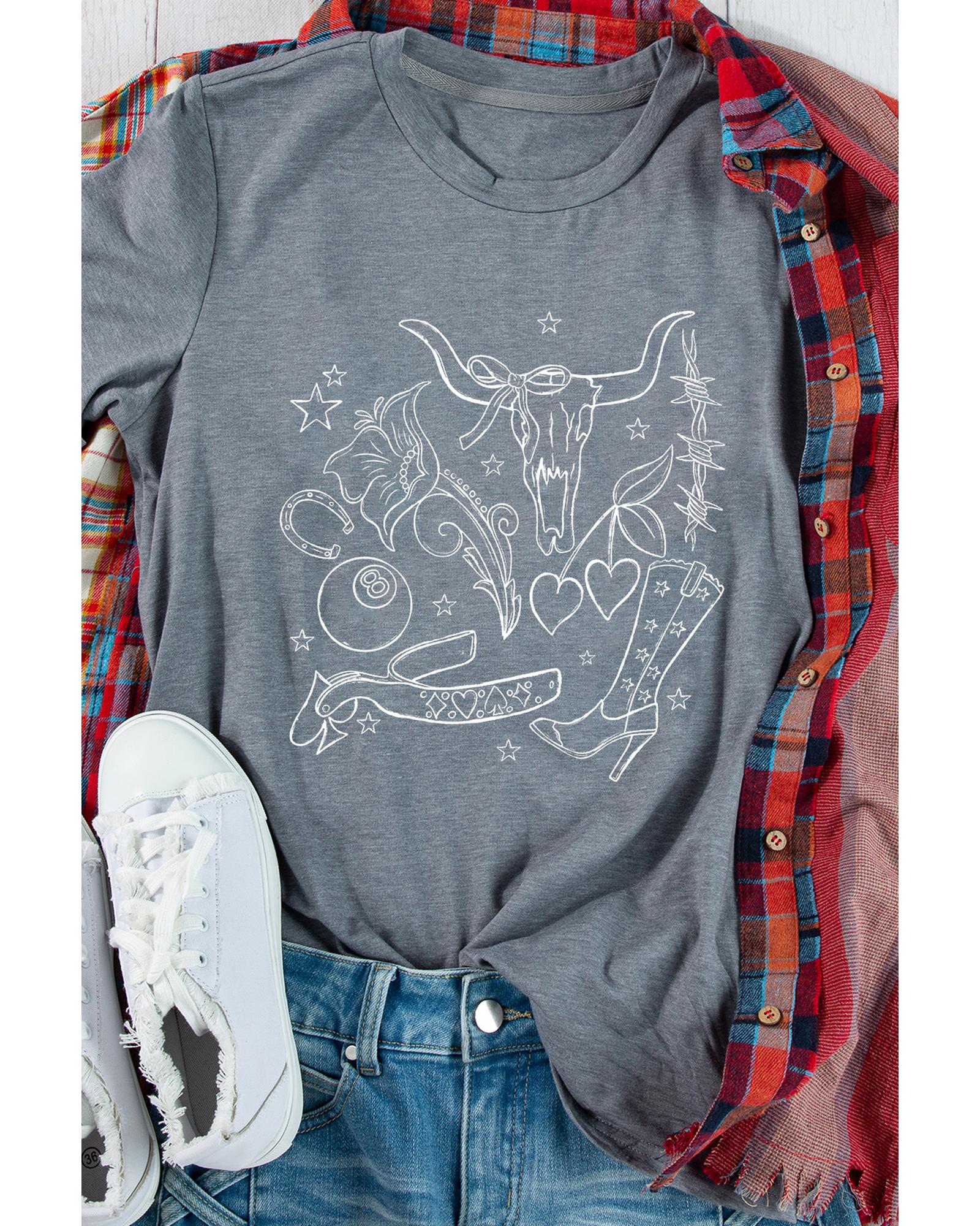 V539-AZEXDC25229017-11-XL-202508281850-00 Gray Cowgirl Boots OX Head Western Fashion Print Crewneck Tee - XL - Image 1