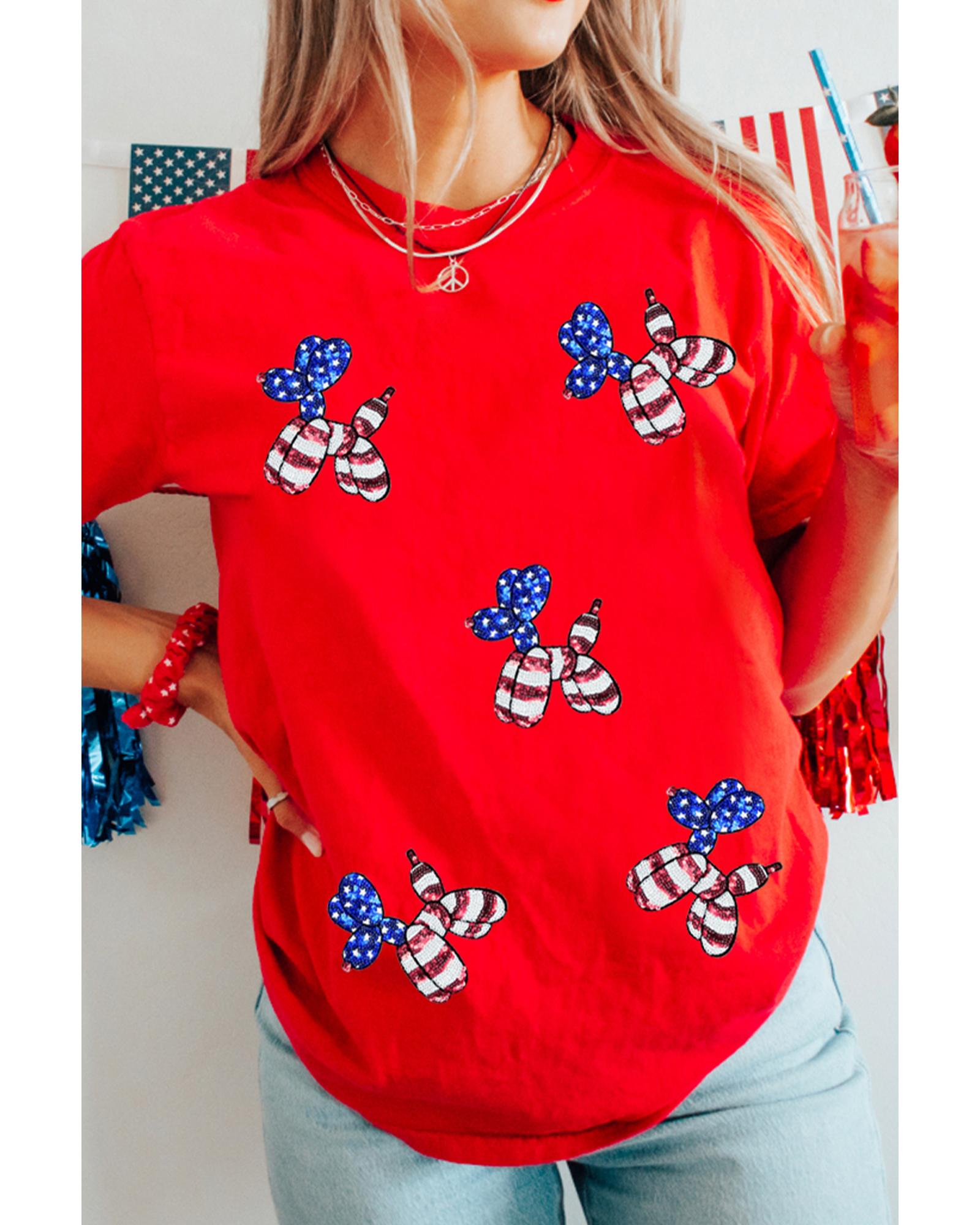 V539-AZEXDC25229102-103-M-202508282200-00 Red Sequin Stars and Stripes Balloon Puppy Graphic Crewneck Tee - M - Image 1
