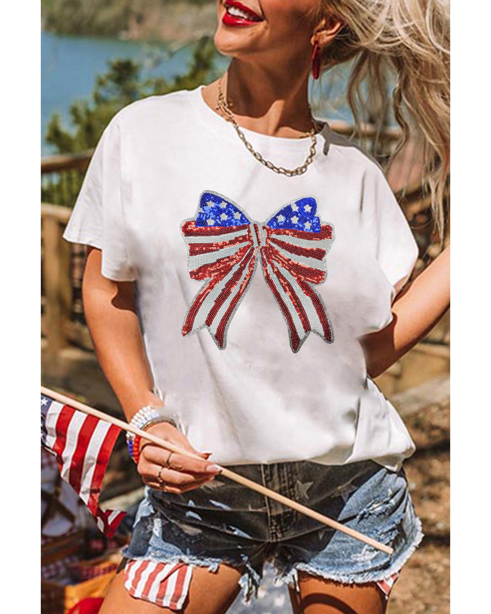 V539-AZEXDC25229135-1-XL-202508280630-00 White USA Flag Bow Knot Patched Crew Neck T Shirt - XL - Image 1