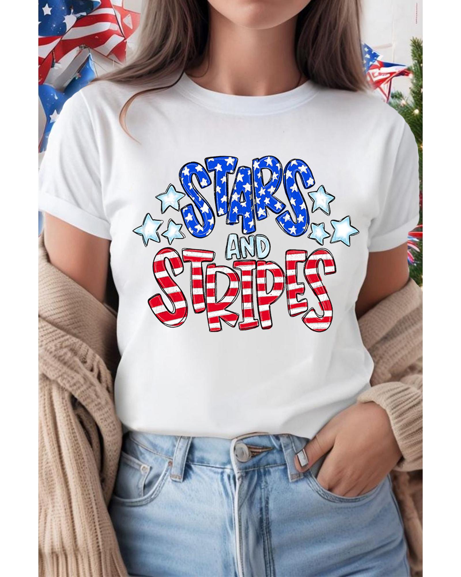 V539-AZEXDC25229142-1-M-202508280706-00 White Stars and Stripes Round Neck Graphic T Shirt - M - Image 1
