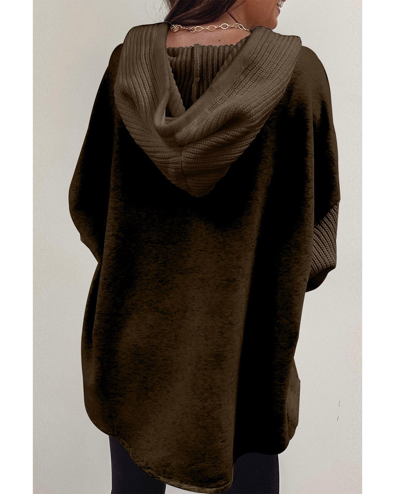 V539-AZEXDC25312001-P5017-M-202508270810-00 Dark Brown Button Up Contrast Knitted Sleeves Hooded Jacket - M - Image 1