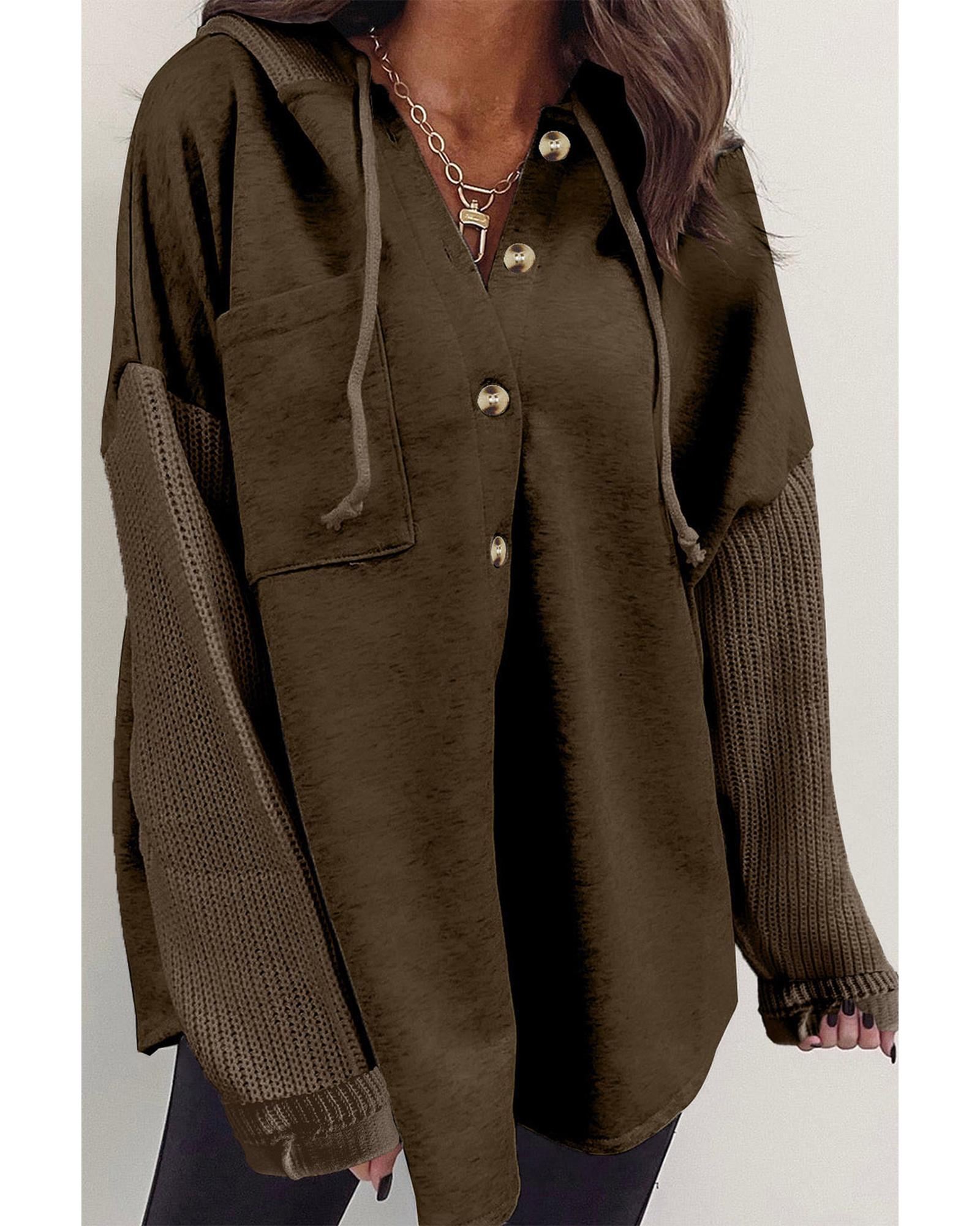 V539-AZEXDC25312001-P5017-XL-202508271220-00 Dark Brown Button Up Contrast Knitted Sleeves Hooded Jacket - XL - Image 1