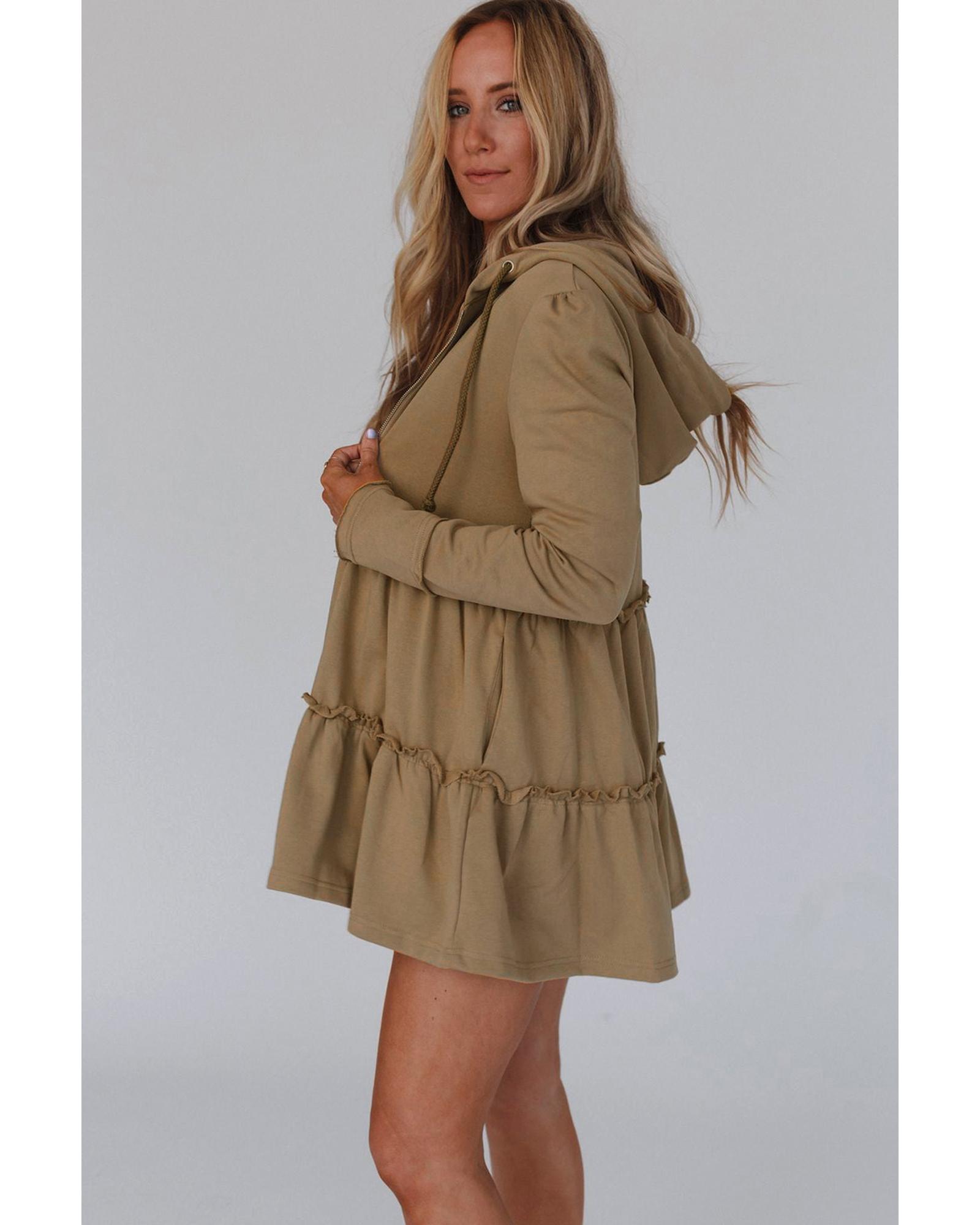 V539-AZEXDC25312008-16-L-202508271245-00 Khaki Tiered Ruffled Zip-Up Drawstring Hooded Jacket - L - Image 1