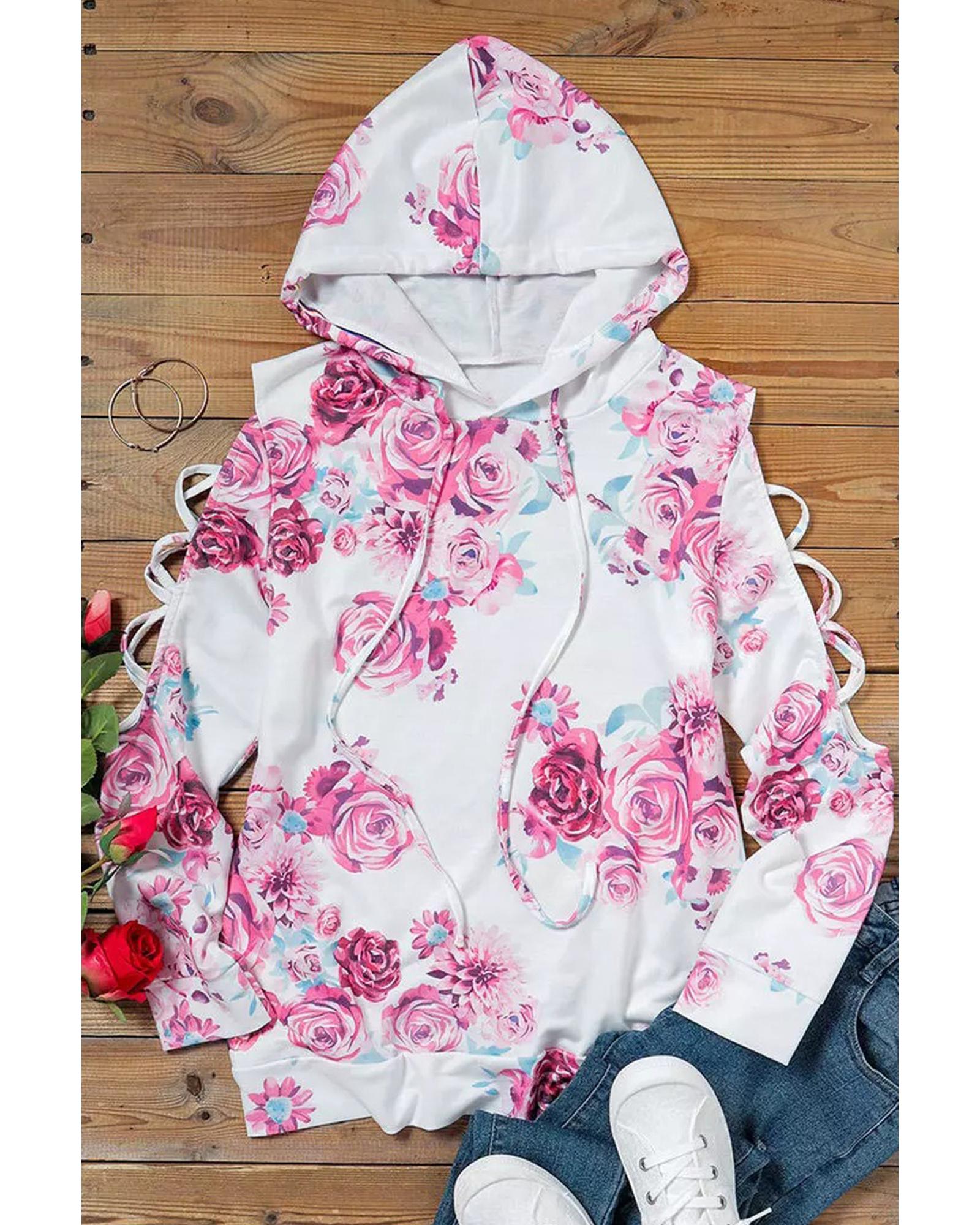 V539-AZEXDC25312192-1-XL-202508251950-00 Azura Exchange Floral Print Cold Shoulder Hoodie - XL - Image 1