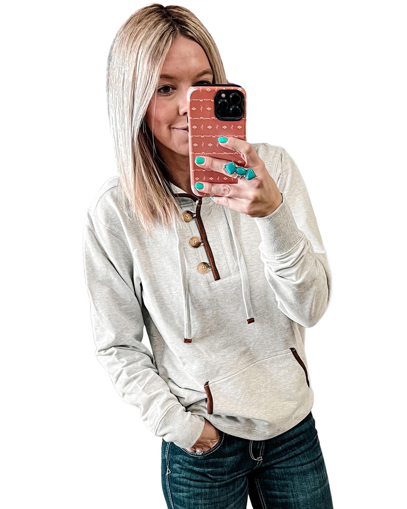 V539-AZEXDC25314390-15-S-202506130120-00 Beige Drawstring Kangaroo Pocket Henley Hoodie - S - Image 1