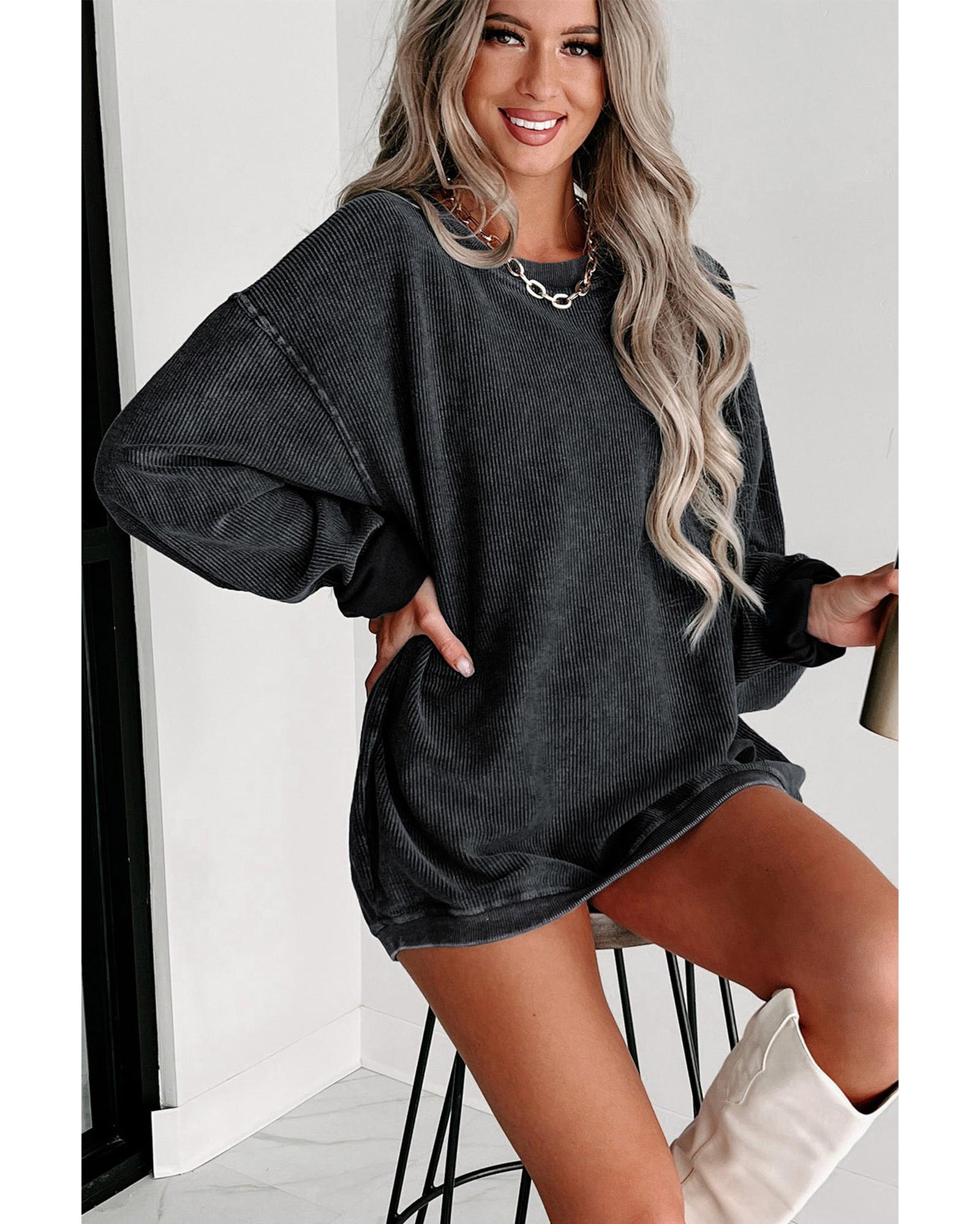 V539-AZEXDC25314534-2-L-202508281800-00 Black Solid Ribbed Knit Round Neck Pullover Sweatshirt - L - Image 1
