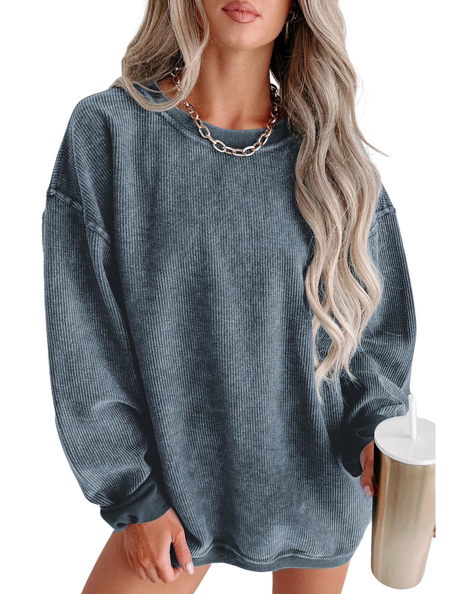 V539-AZEXDC25314534-5-XL-202508292215-00 Blue Solid Ribbed Knit Round Neck Pullover Sweatshirt - XL - Image 1