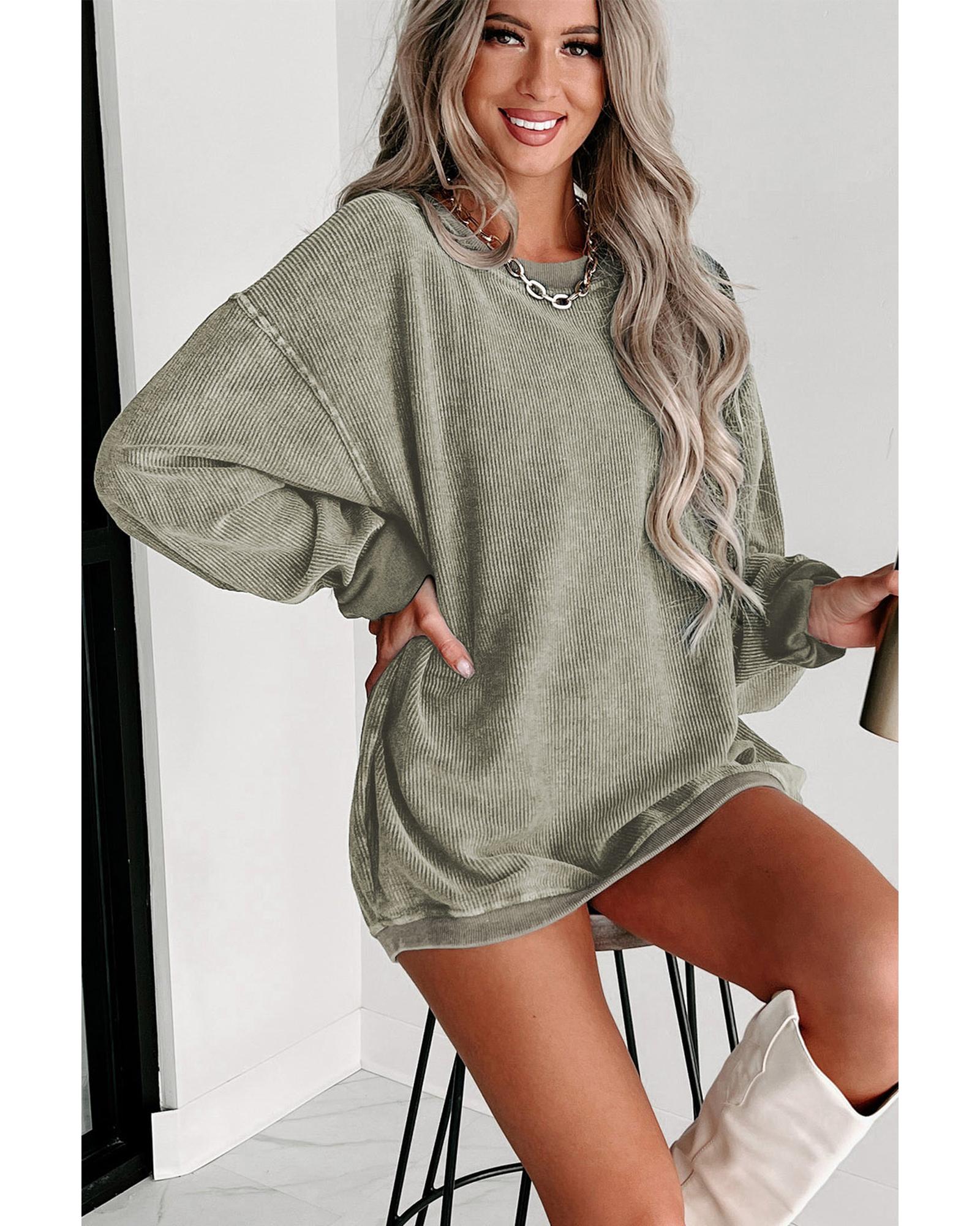 V539-AZEXDC25314534-9-S-202506130153-00 Green Solid Ribbed Knit Round Neck Pullover Sweatshirt - S - Image 1