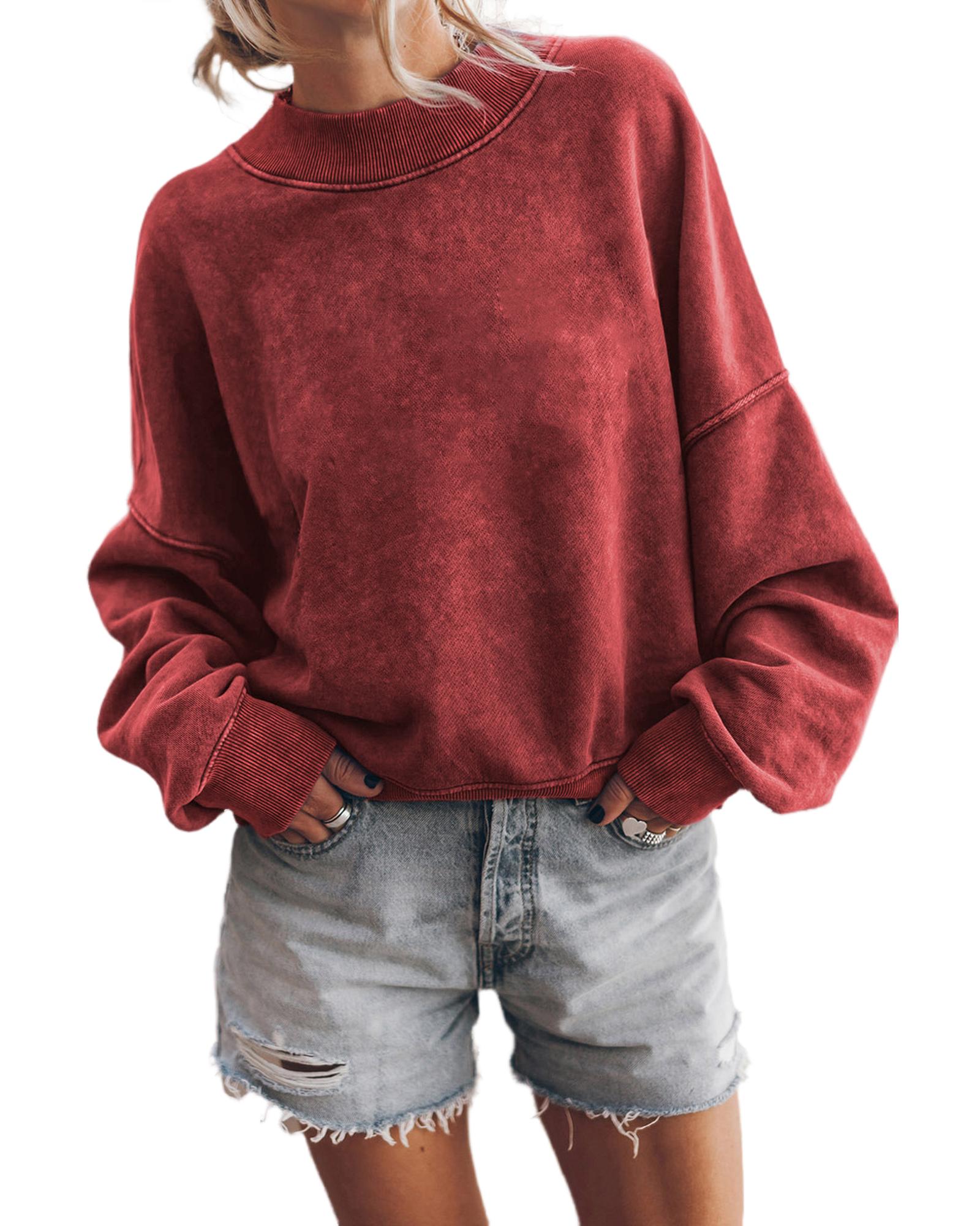 V539-AZEXDC25314590-P403-S-202508280450-00 Red Dahlia Drop Shoulder Crew Neck Pullover Sweatshirt - S - Image 1