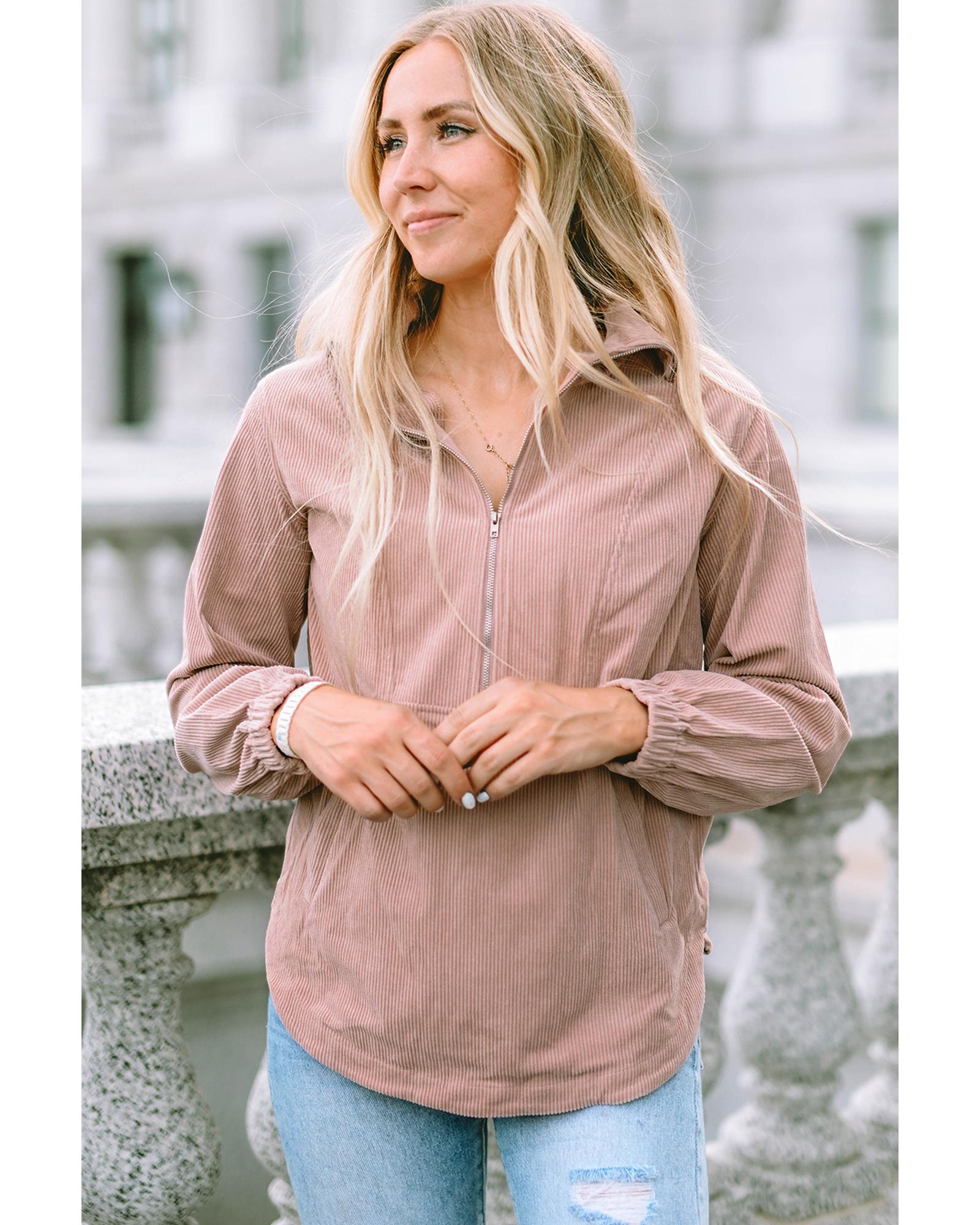 V539-AZEXDC25314627-18-S-202508290600-00 Azura Exchange Half Zip Ribbed Texture Collared Sweatshirt - S - Image 1