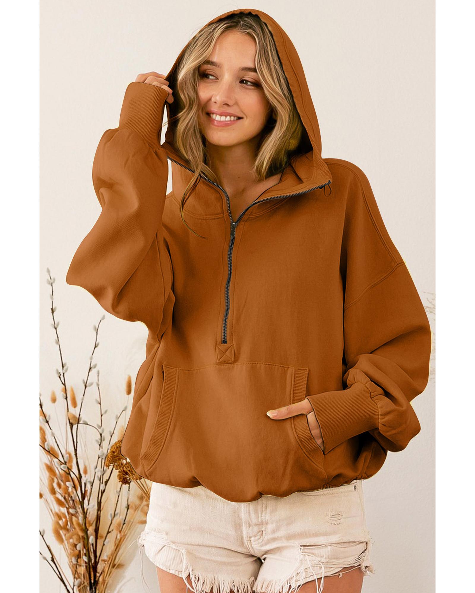 V539-AZEXDC25314629-1017-XL-202508281700-00 Brown Ribbed Trim Kangaroo Pocket Zipped Hoodie - XL - Image 1