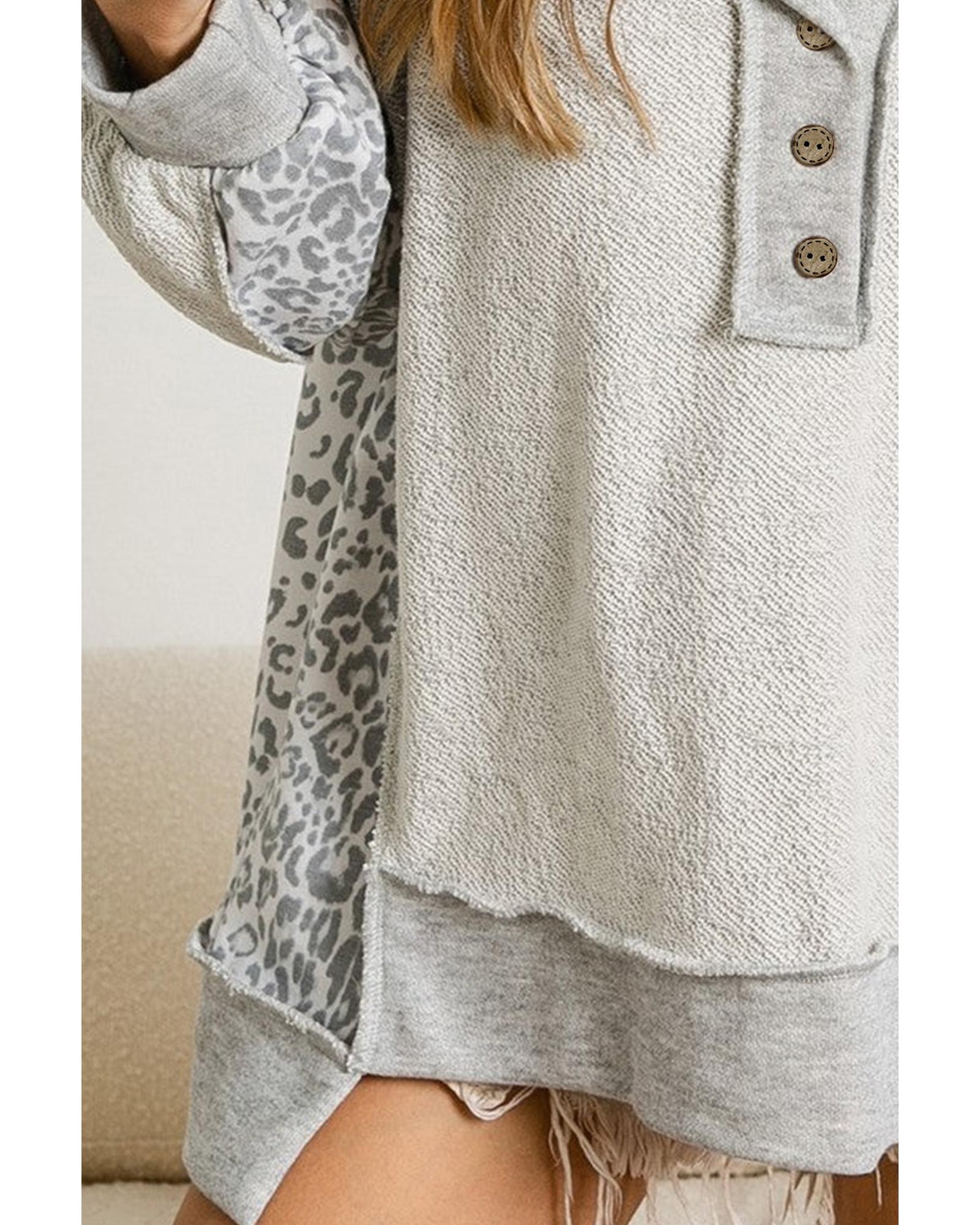 V539-AZEXDC25314635-11-S-202506122112-00 Gray Leopard Patchwork Exposed Seam Buttoned Neck Sweatshirt - S - Image 1