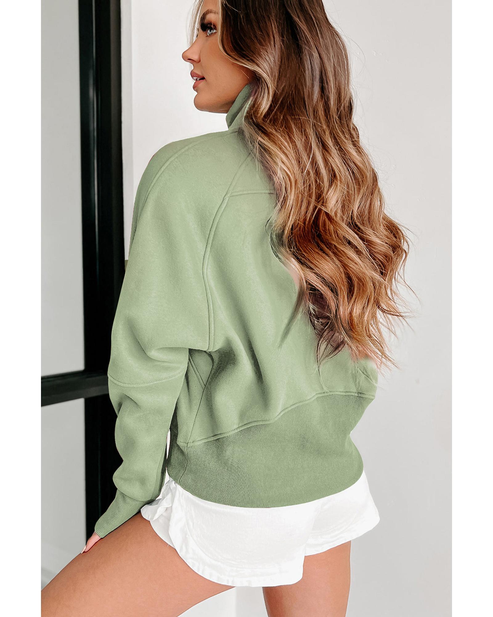 V539-AZEXDC25314642-P2809-S-202506122116-00 Smoke Green Fleece Lined Zip Up Stand Collar Thumbhole Sleeve Sweatshirt - S - Image 1