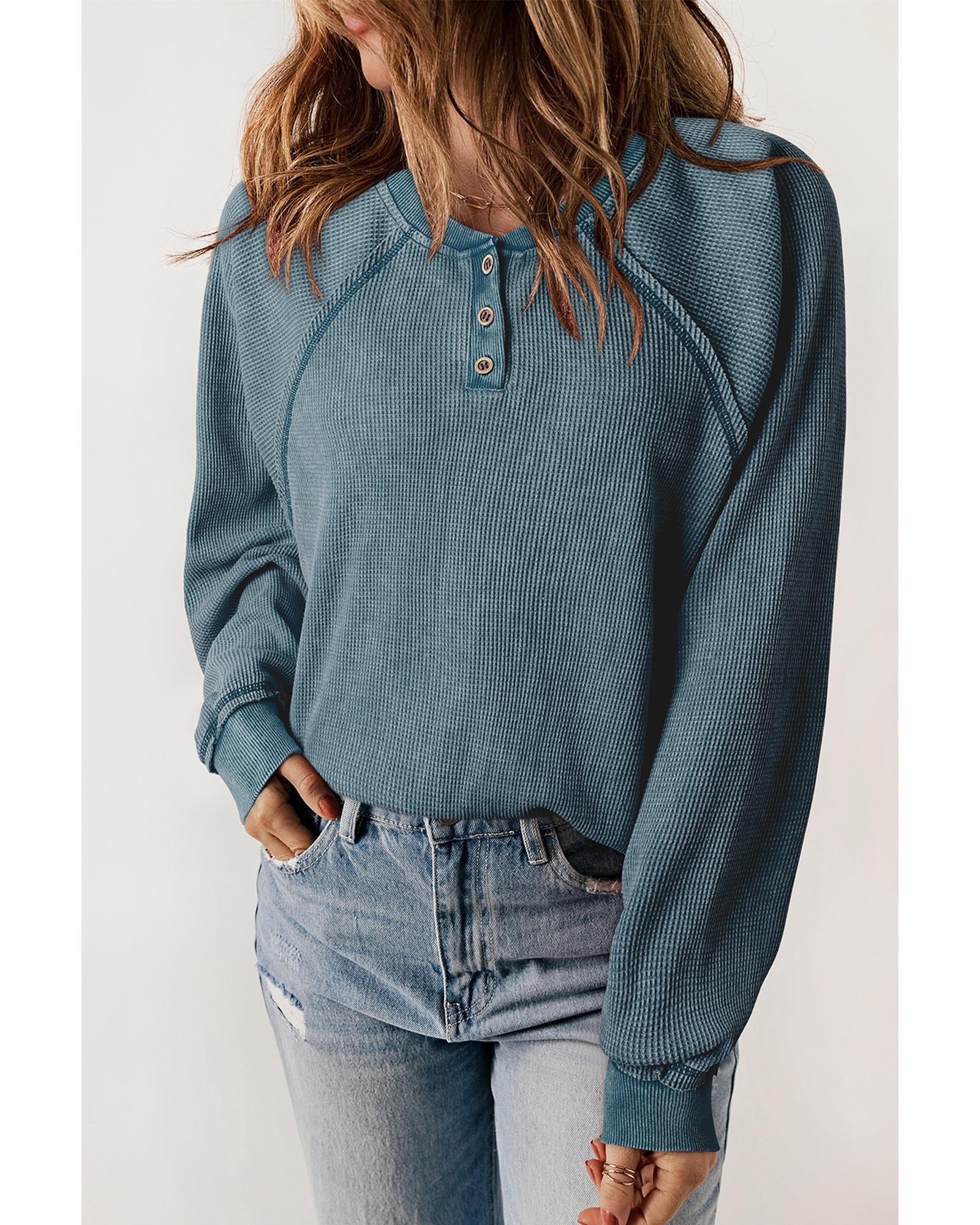 V539-AZEXDC25314694-P409-L-202506122132-00 Sea Green Waffle Knit Raglan Sleeve Henley Sweatshirt - L - Image 1