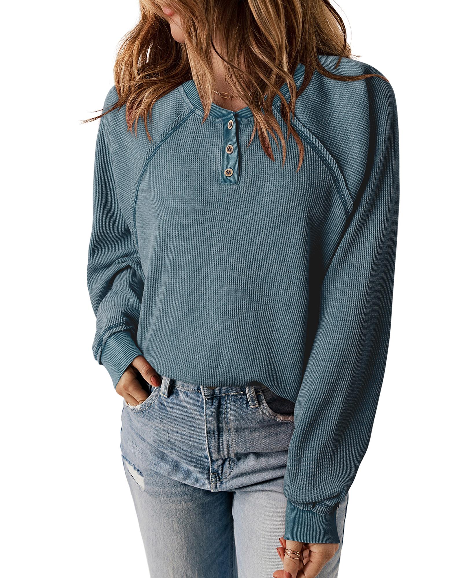 V539-AZEXDC25314694-P409-XL-202508300620-00 Sea Green Waffle Knit Raglan Sleeve Henley Sweatshirt - XL - Image 1