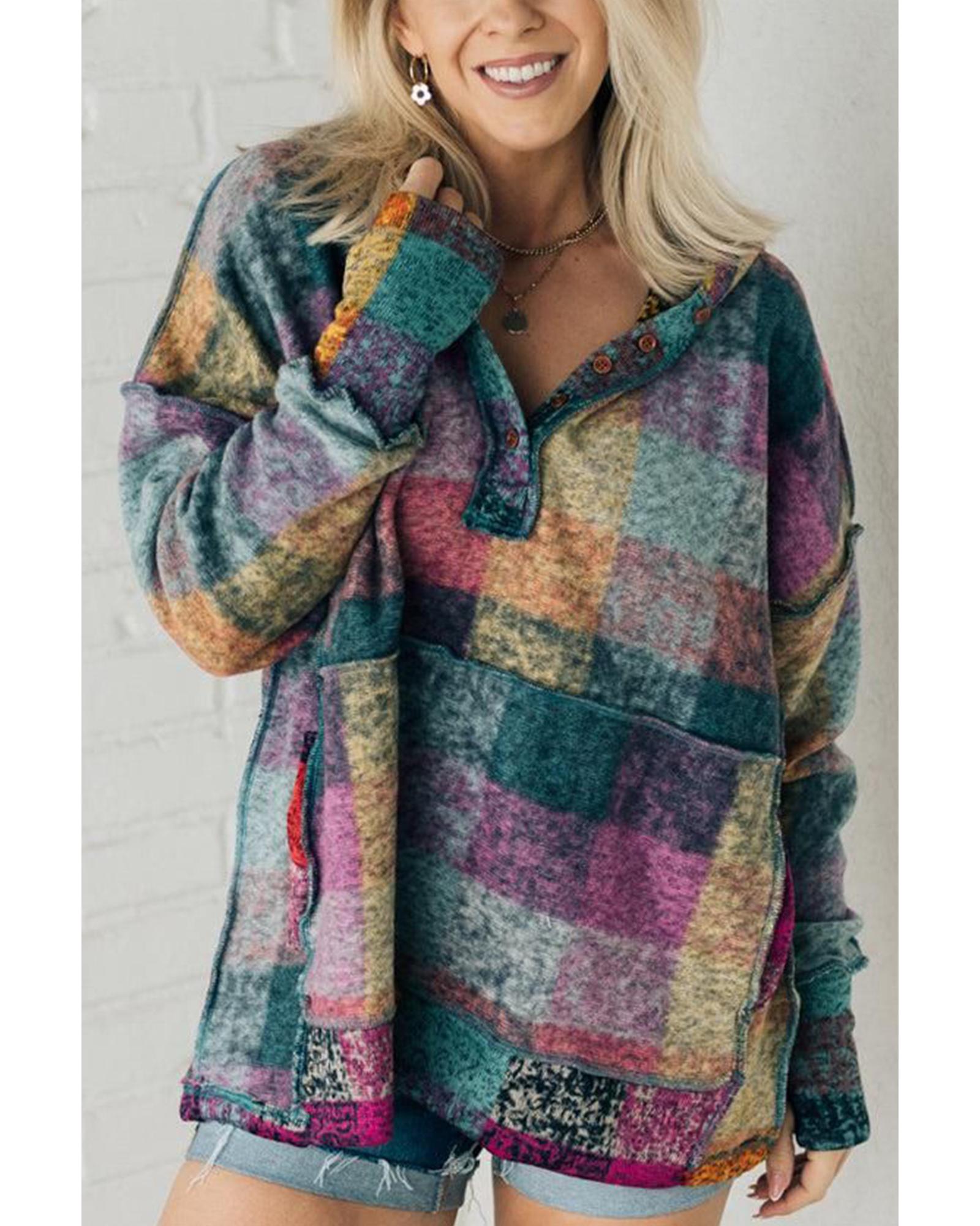 V539-AZEXDC25314705-22-S-202506122137-00 Multicolor Brushed Plaid Buttoned Pullover Oversized Hoodie - S - Image 1