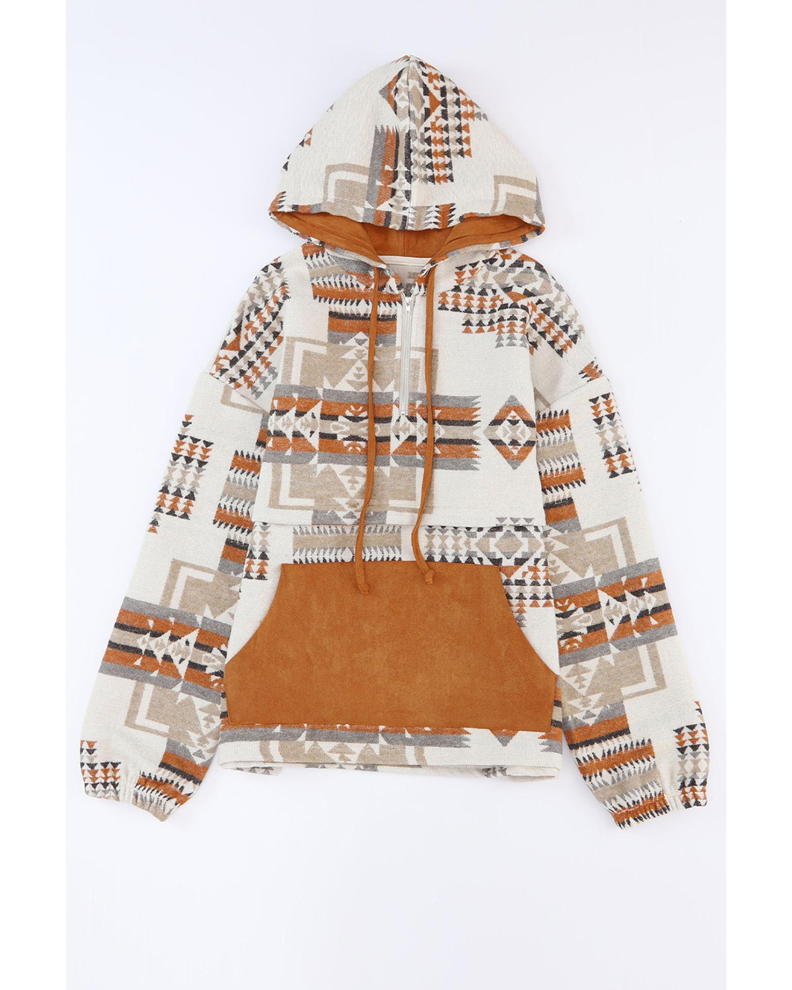 V539-AZEXDC25314748-15-M-202508290330-00 Azura Exchange Beige Aztec Print Half-Zip Hoodie with Kangaroo Pocket - M - Image 1