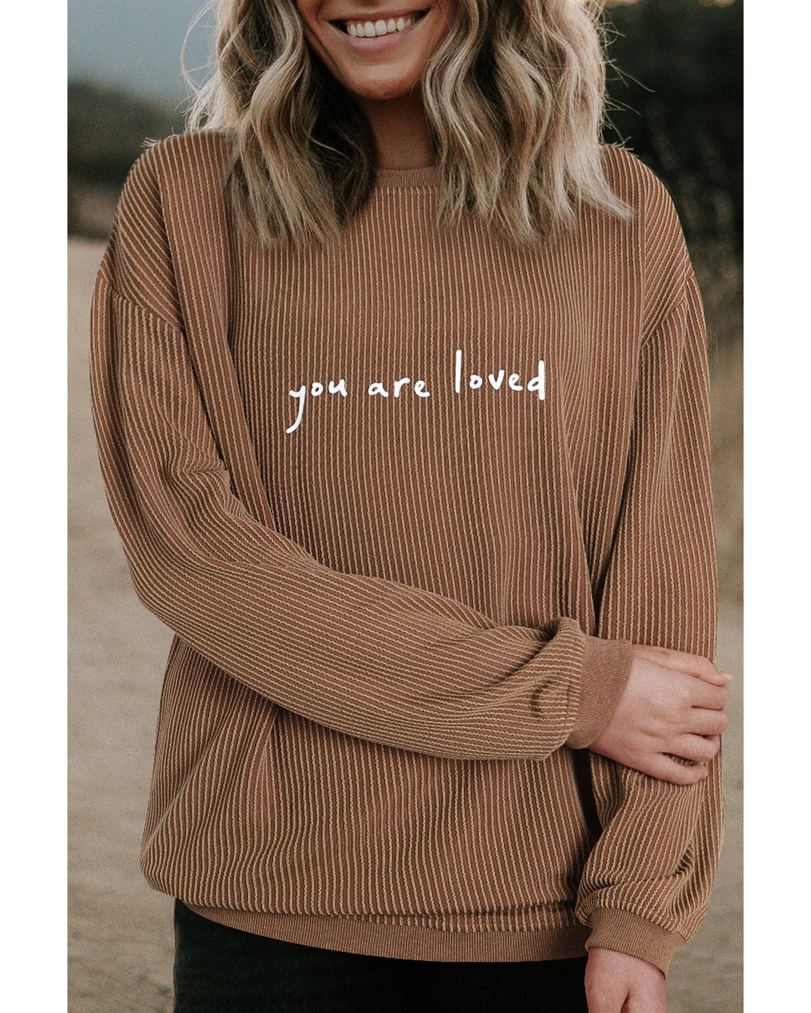 V539-AZEXDC25314787-16-S-202506122201-00 Khaki You Are Loved Print Corduroy Sweatshirt - S - Image 1