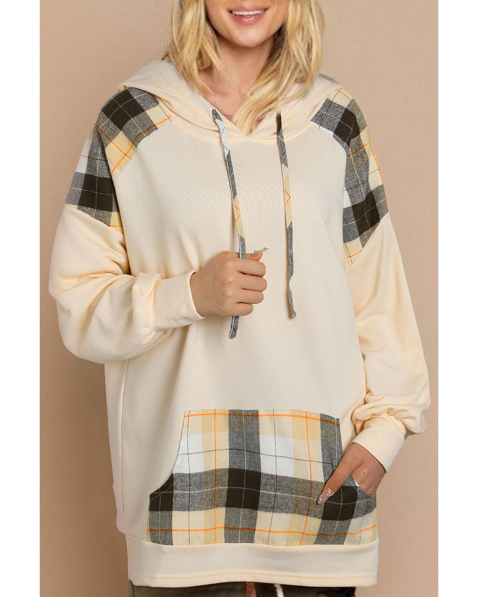 V539-AZEXDC25314823-16-S-202506122217-00 Khaki Plaid Patchwork Kangaroo Pocket Oversized Hoodie - S - Image 1