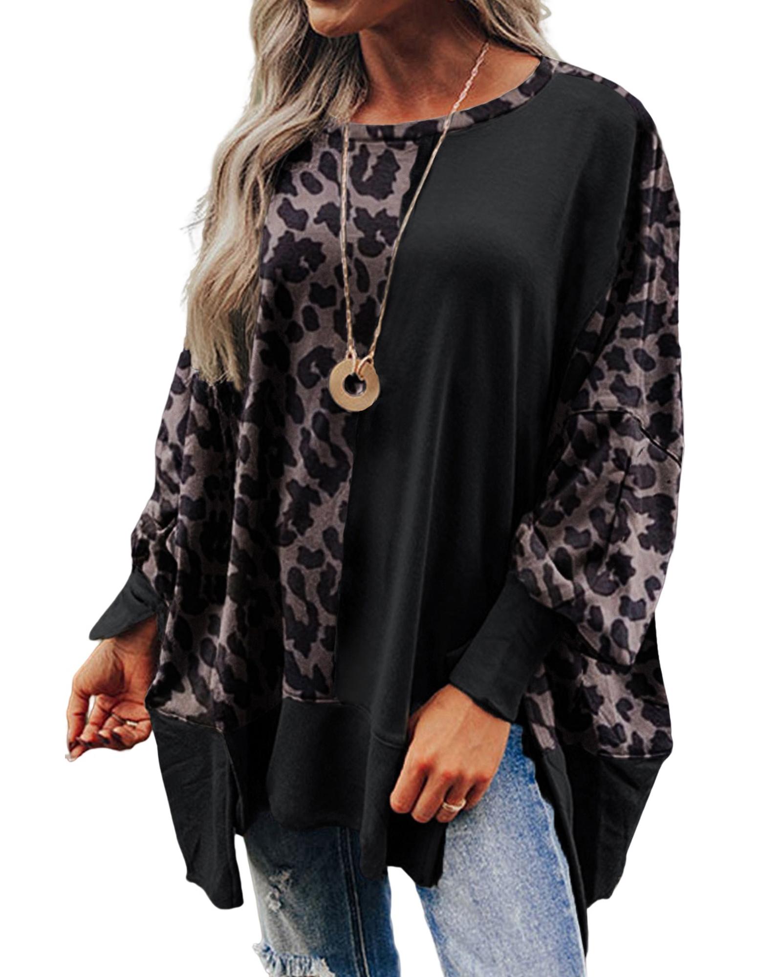 V539-AZEXDC25314865-2-M-202508282220-00 Black Leopard Patchwork Bishop Sleeve Slit Sweatshirt - M - Image 1