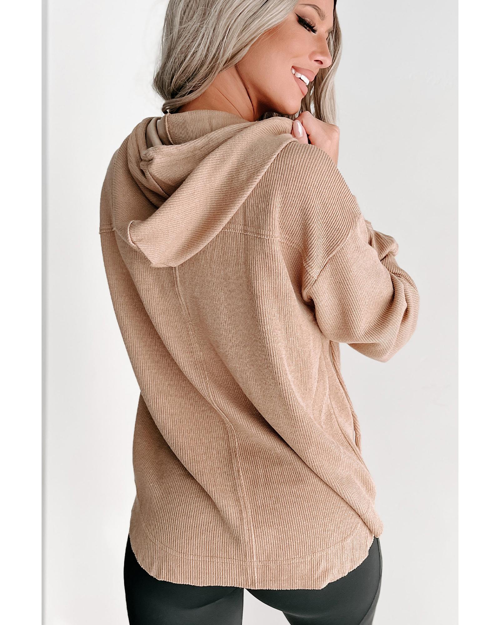 V539-AZEXDC25314909-16-M-202508291630-00 Khaki Buttoned V Neck Drawstring Knit Hoodie - M - Image 1