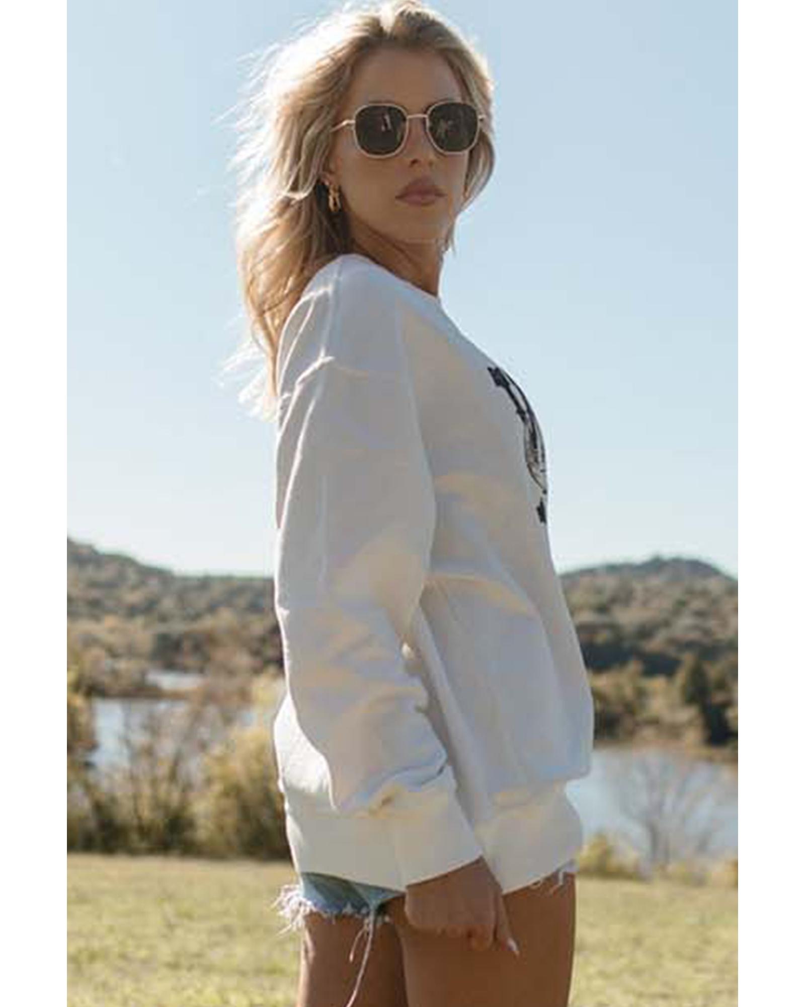 V539-AZEXDC25315092-1-L-202508280955-00 White WILD WEST Steer Skull Graphic Ribbed Sweatshirt - L - Image 1