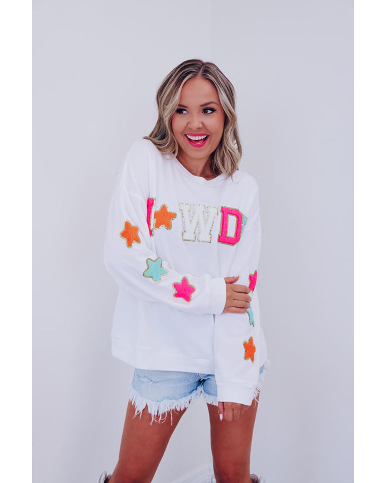 V539-AZEXDC25315115-1-S-202506122320-00 Azura Exchange White Glitter Howdy Patch Graphic Casual Sweatshirt - S - Image 1