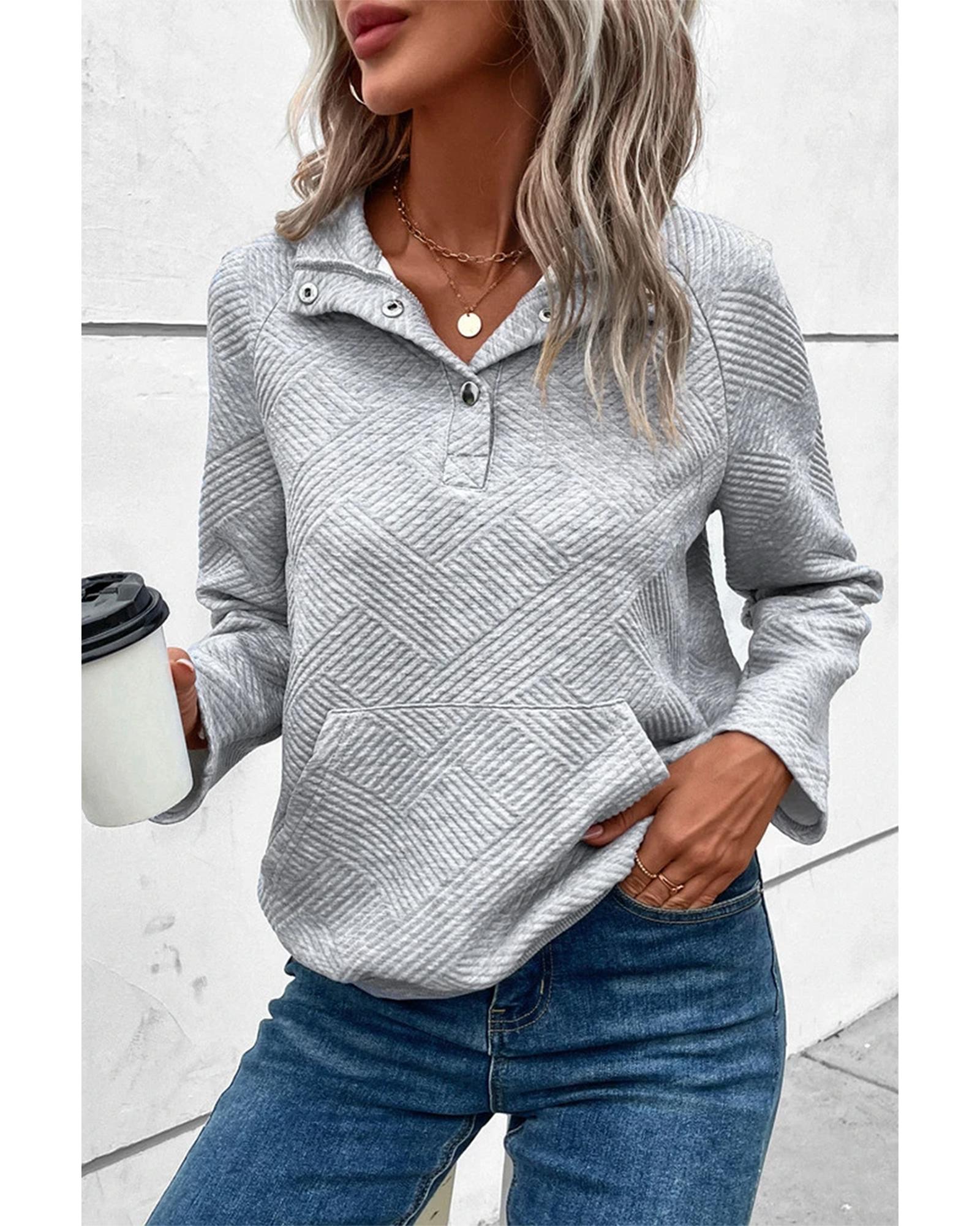 V539-AZEXDC25315197-P1011-XL-202506122331-00 Light Grey Textured Knit Buttoned Kangaroo Pocket Sweatshirt - XL - Image 1