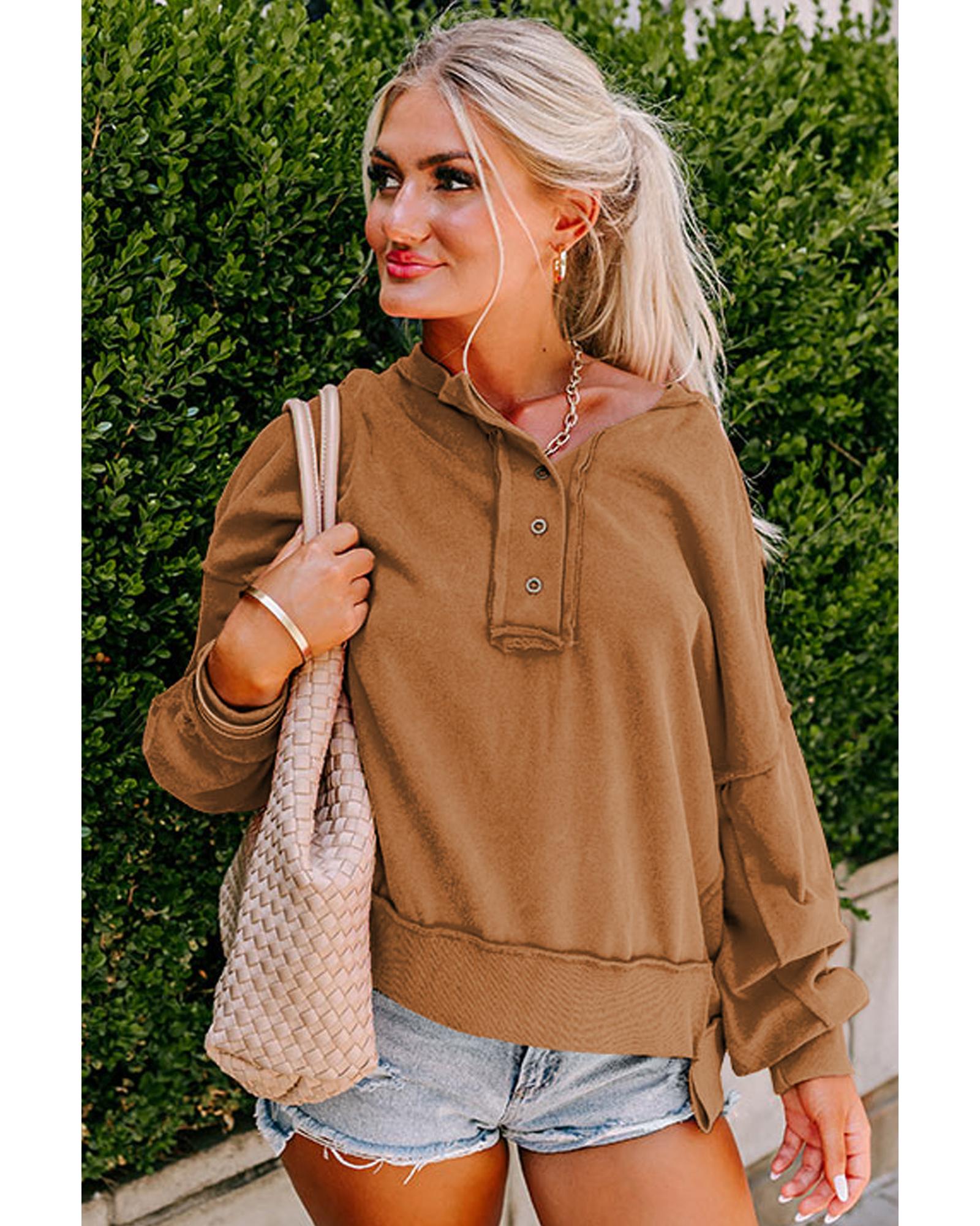 V539-AZEXDC25315269-P2017-L-202508272350-00 Chestnut Drop Shoulder Henley Buttons Sweatshirt - L - Image 1