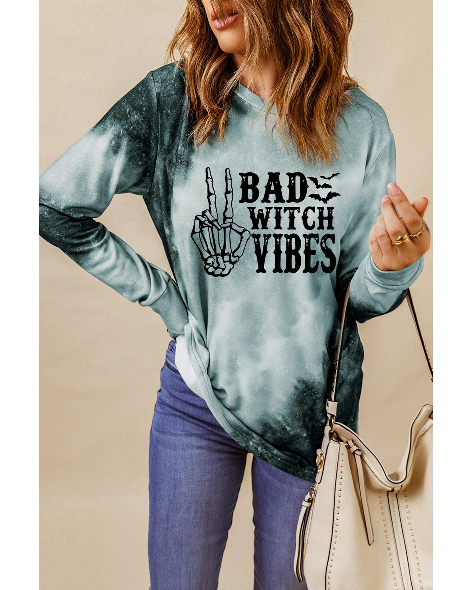 V539-AZEXDC25315335-11-M-202508300300-00 Gray Tie Dye BAD WITCH VIBES Graphic Long Sleeve Top - M - Image 1