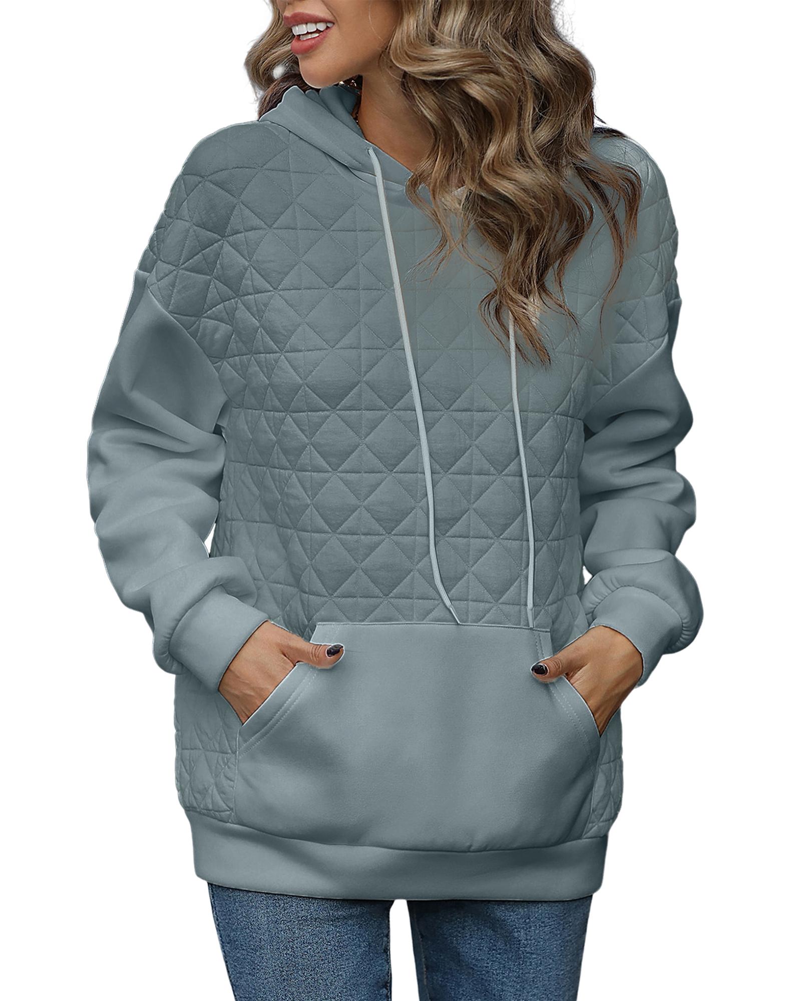 V539-AZEXDC25315649-P1011-L-202506130136-00 Light Grey Drop Shoulder Quilted Patchwork Kangaroo Pocket Hoodie - L - Image 1