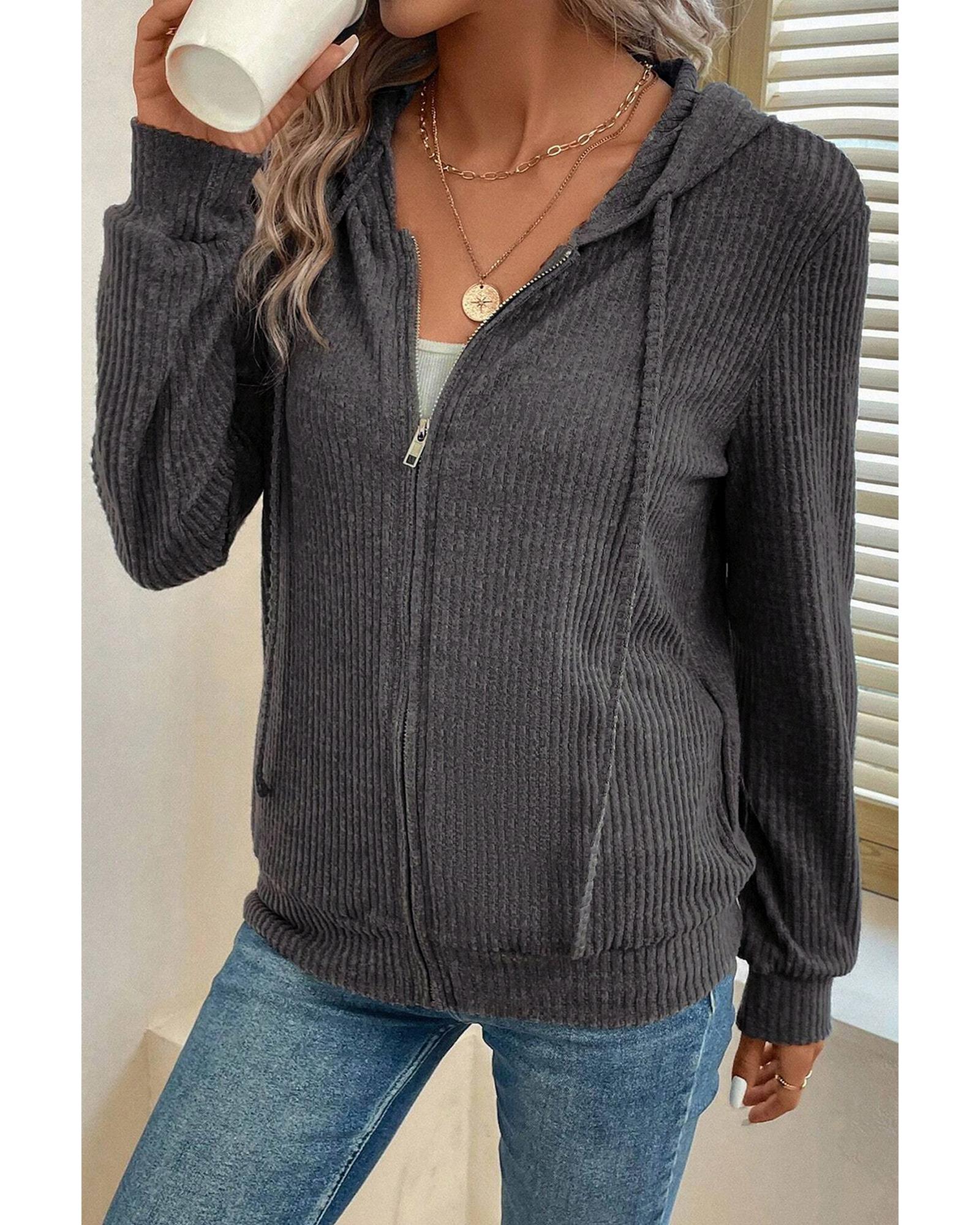 V539-AZEXDC25315830-P2011-M-202508280215-00 Dark Grey Ribbed Zip Up Front Drawstring Hoodie - M - Image 1