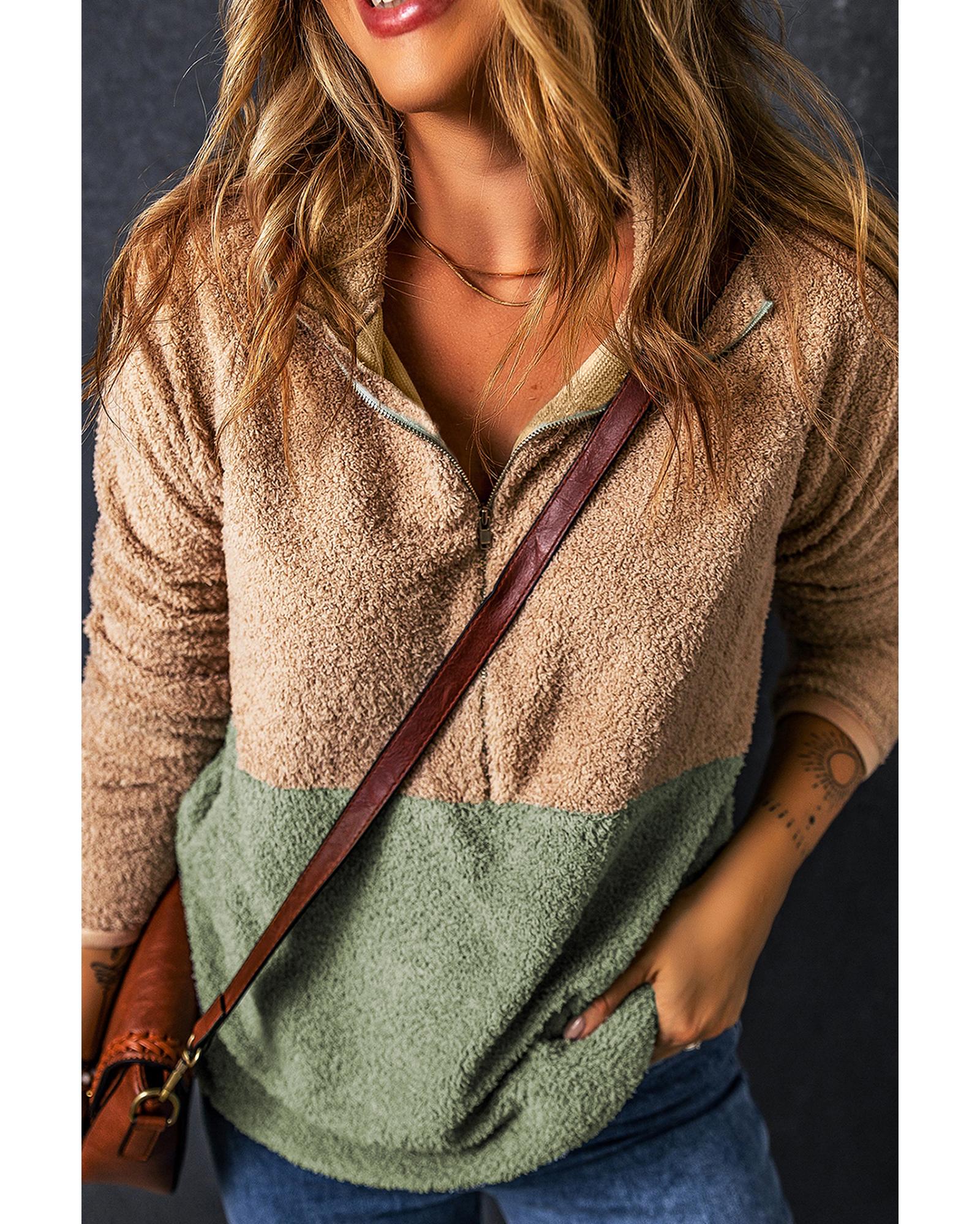 V539-AZEXDC25315911-P7016-S-202506122130-00 Smoke Gray Two Tones Color Block Half Zip Fleece Sweatshirt - S - Image 1