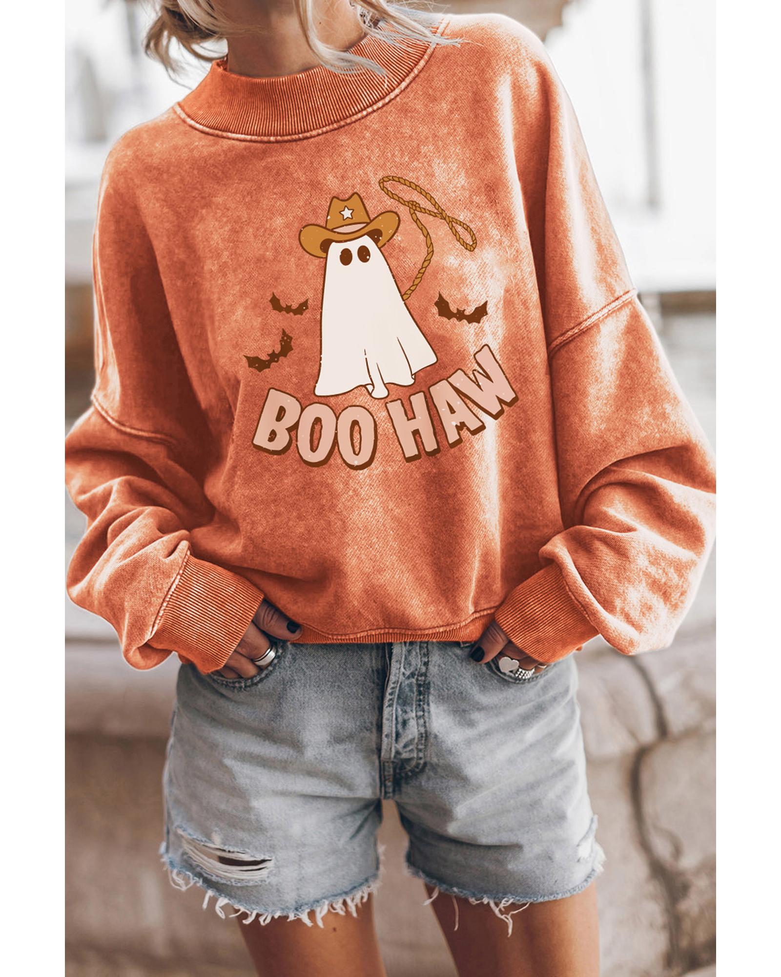 V539-AZEXDC25315929-14-S-202506122135-00 Orange BOO HAW Ghost Halloween Print Drop Sleeve Sweatshirt - S - Image 1