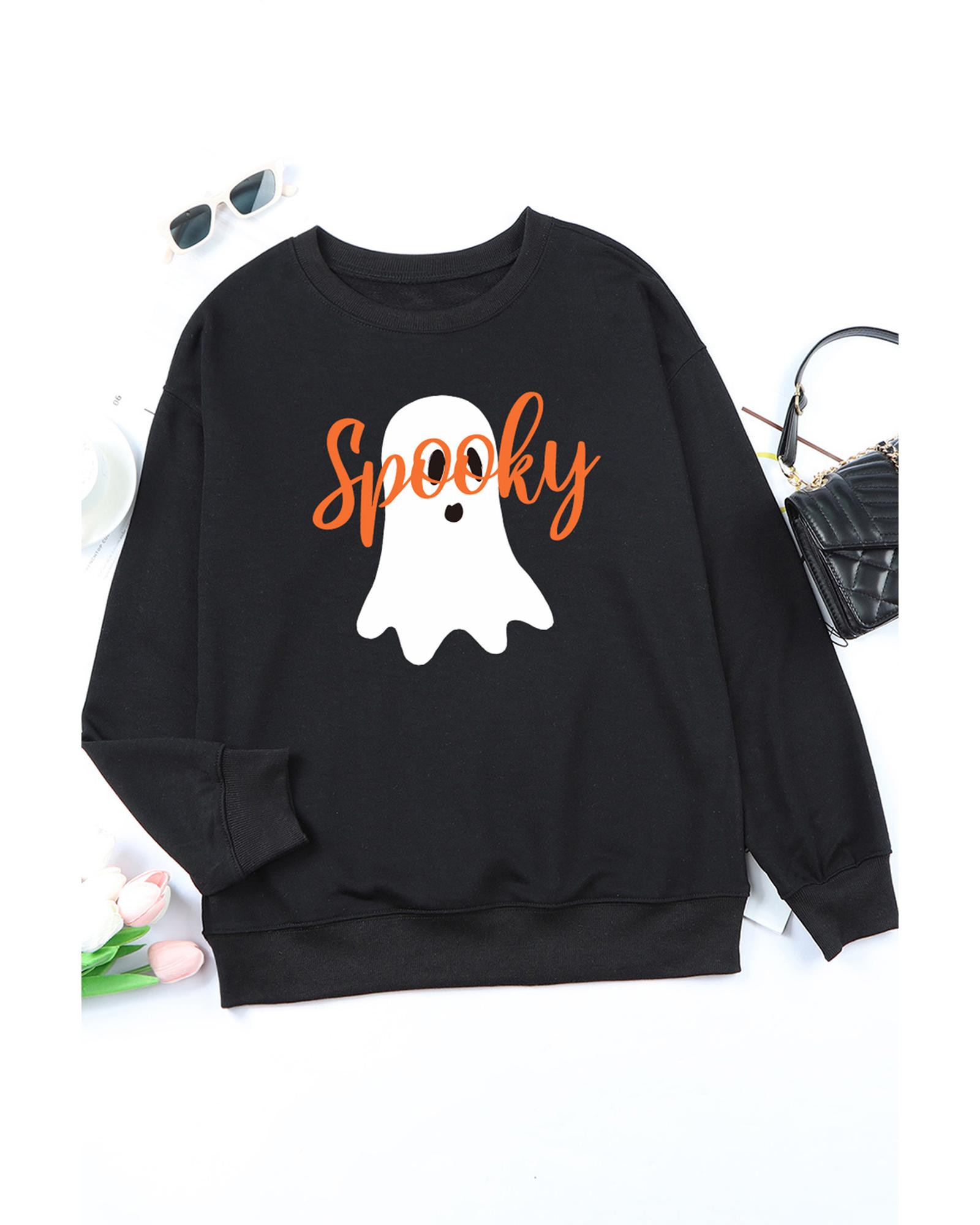 V539-AZEXDC25315930-2-L-202508280705-00 Black Halloween Spooky Ghost Print Crewneck Pullover Sweatshirt - L - Image 1