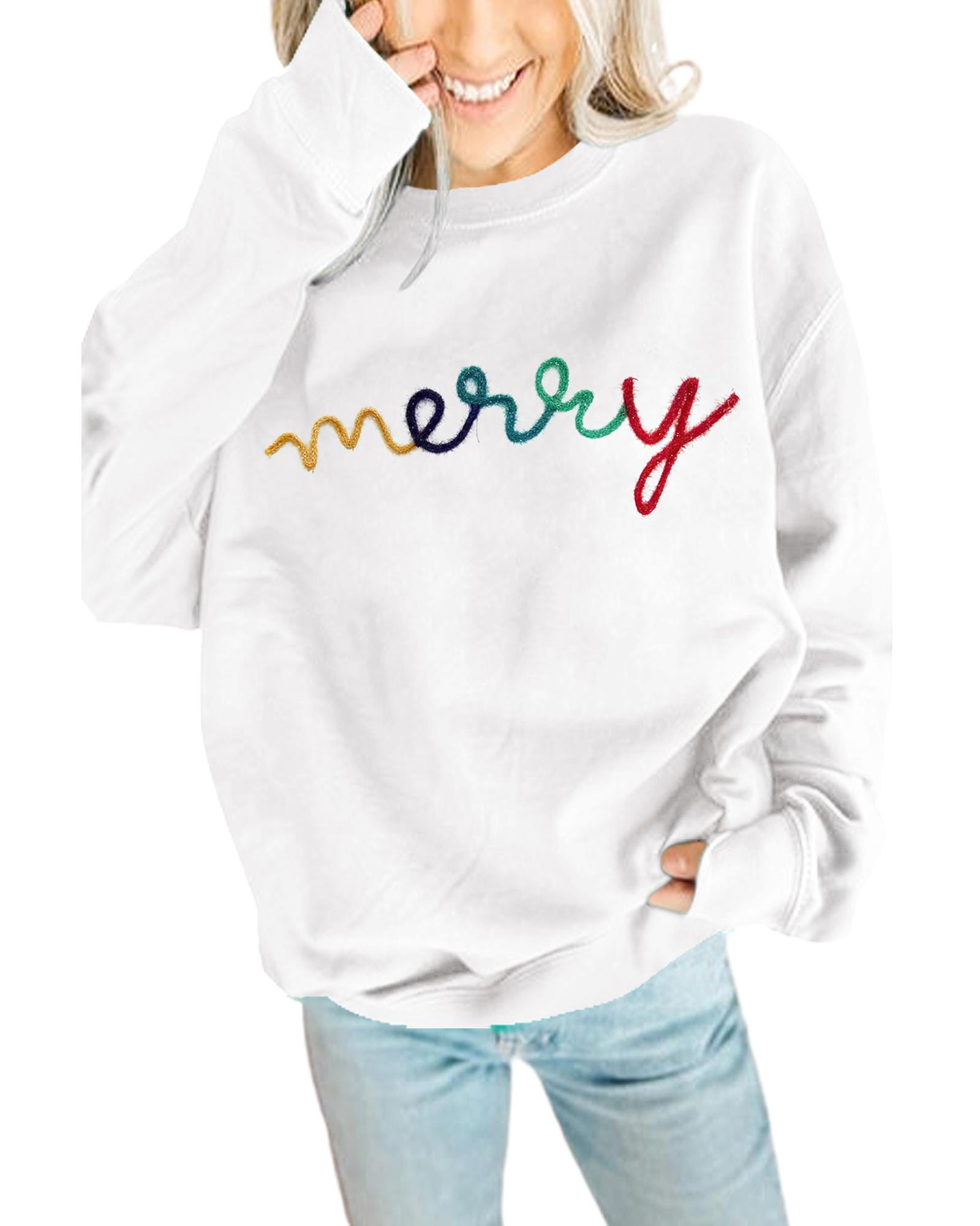V539-AZEXDC25316132-P122-M-202508300000-00 White MERRY Graphic Pullover Sweatshirt - M - Image 1