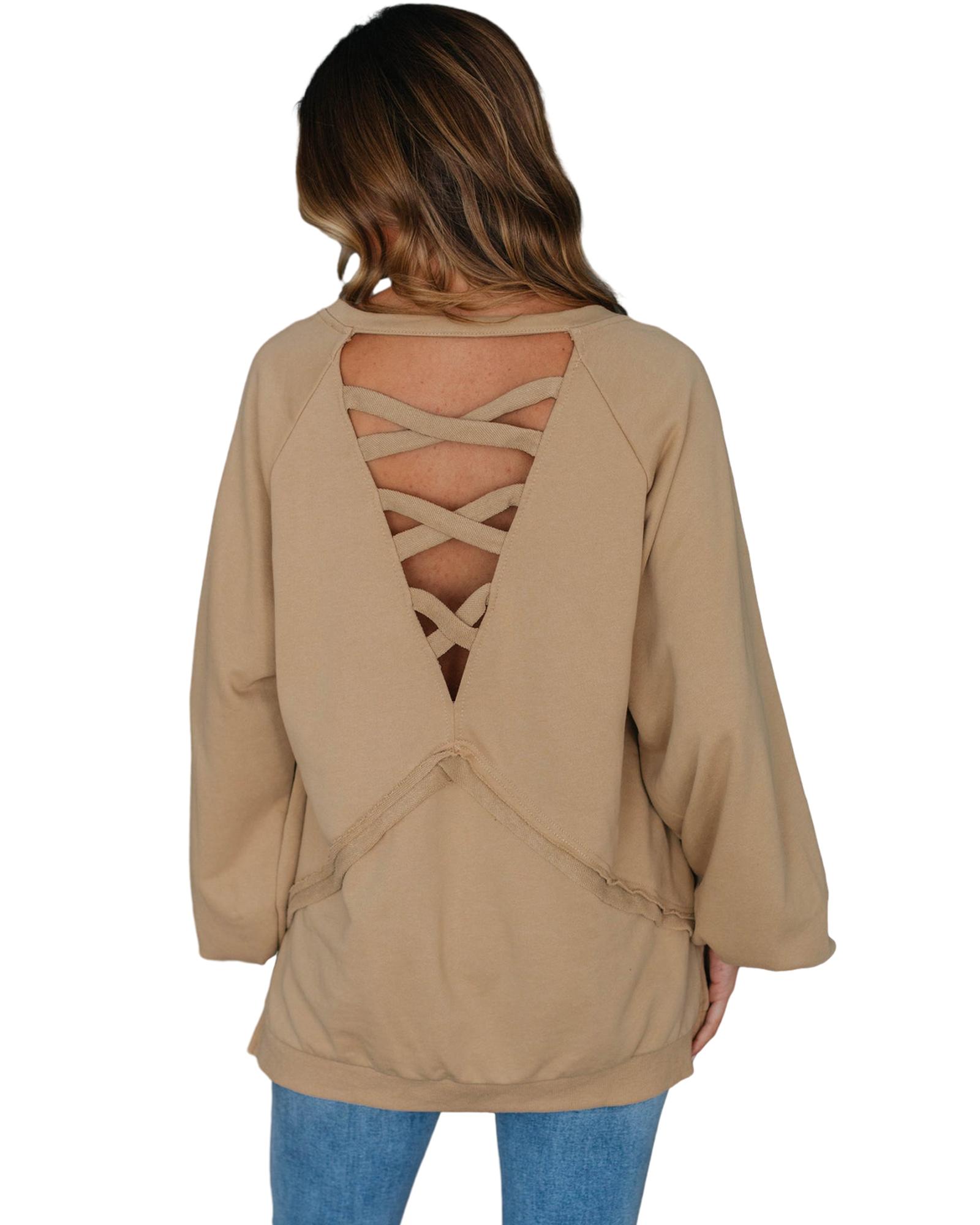 V539-AZEXDC25316174-P4016-M-202508281920-00 Light French Beige Solid Color Lattice Hollow Out Back Sweatshirt - M - Image 1