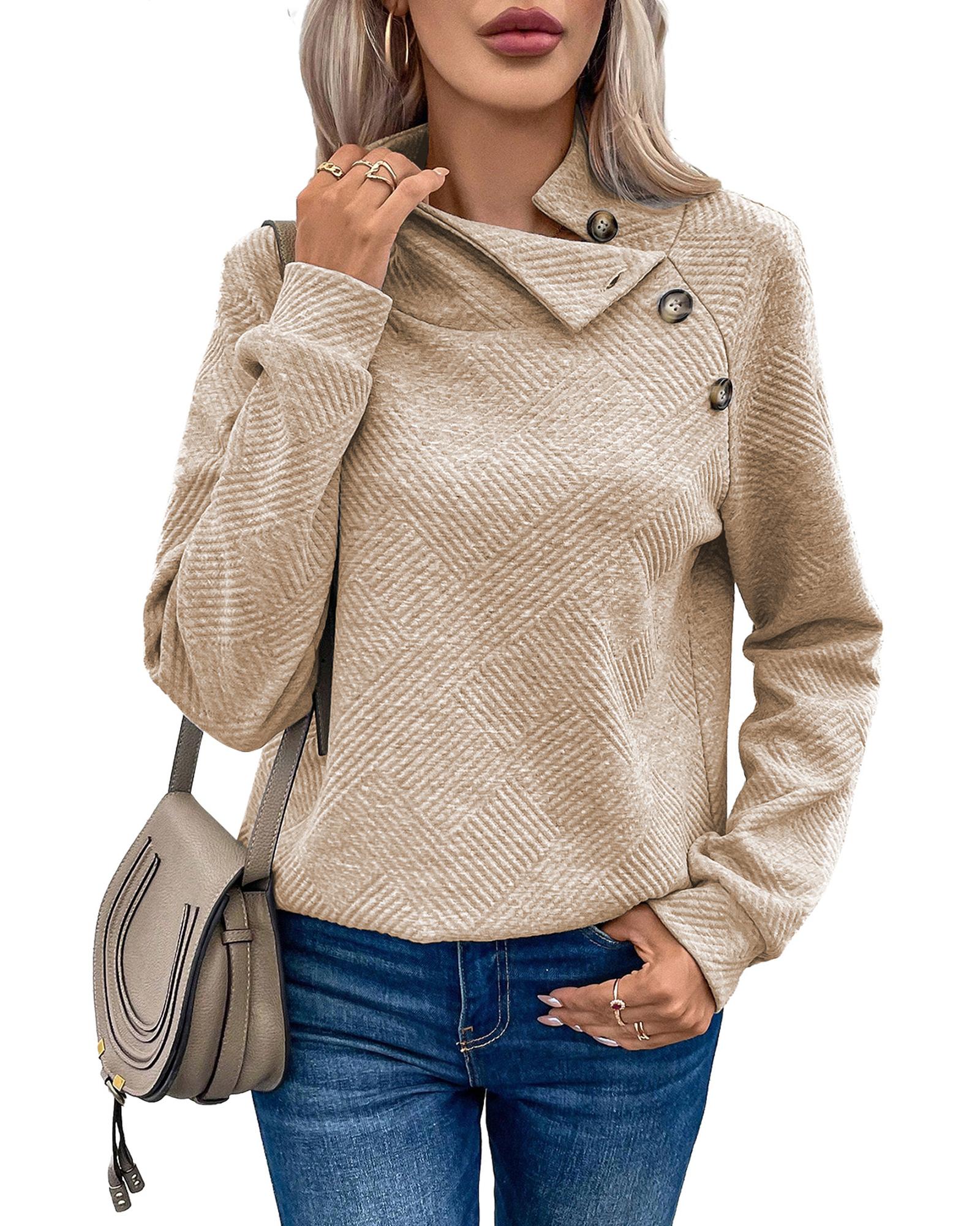 V539-AZEXDC25316230-P18-XL-202508281305-00 Apricot Asymmetric Buttons Detail High Neck Textured Sweatshirt - XL - Image 1