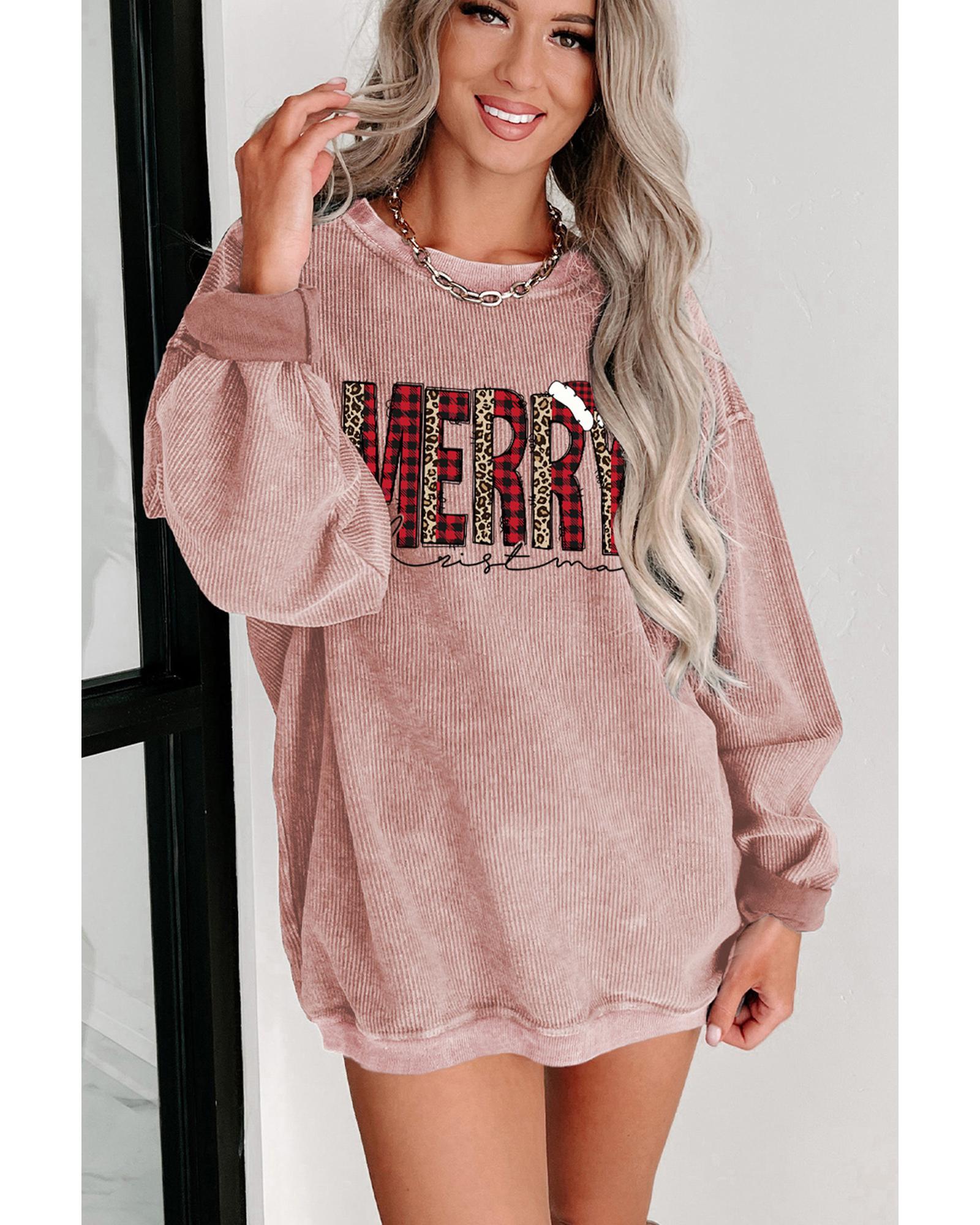 V539-AZEXDC25316236-10-M-202508281940-00 Pink MERRY Christmas Plaid Leopard Print Corded Sweatshirt - M - Image 1