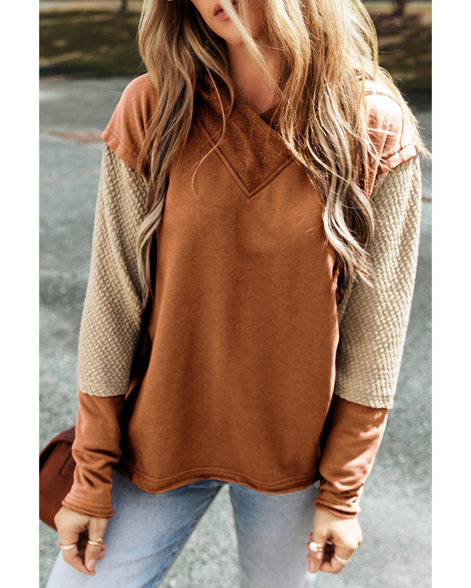 V539-AZEXDC25316258-P2017-L-202506191731-00 Chestnut Contrast Sleeves Patchwork Colorblock Hoodie - L - Image 1