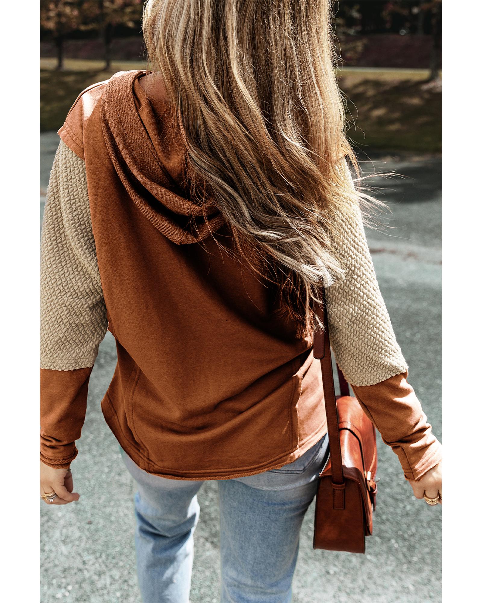 V539-AZEXDC25316258-P2017-M-202508291610-00 Chestnut Contrast Sleeves Patchwork Colorblock Hoodie - M - Image 1