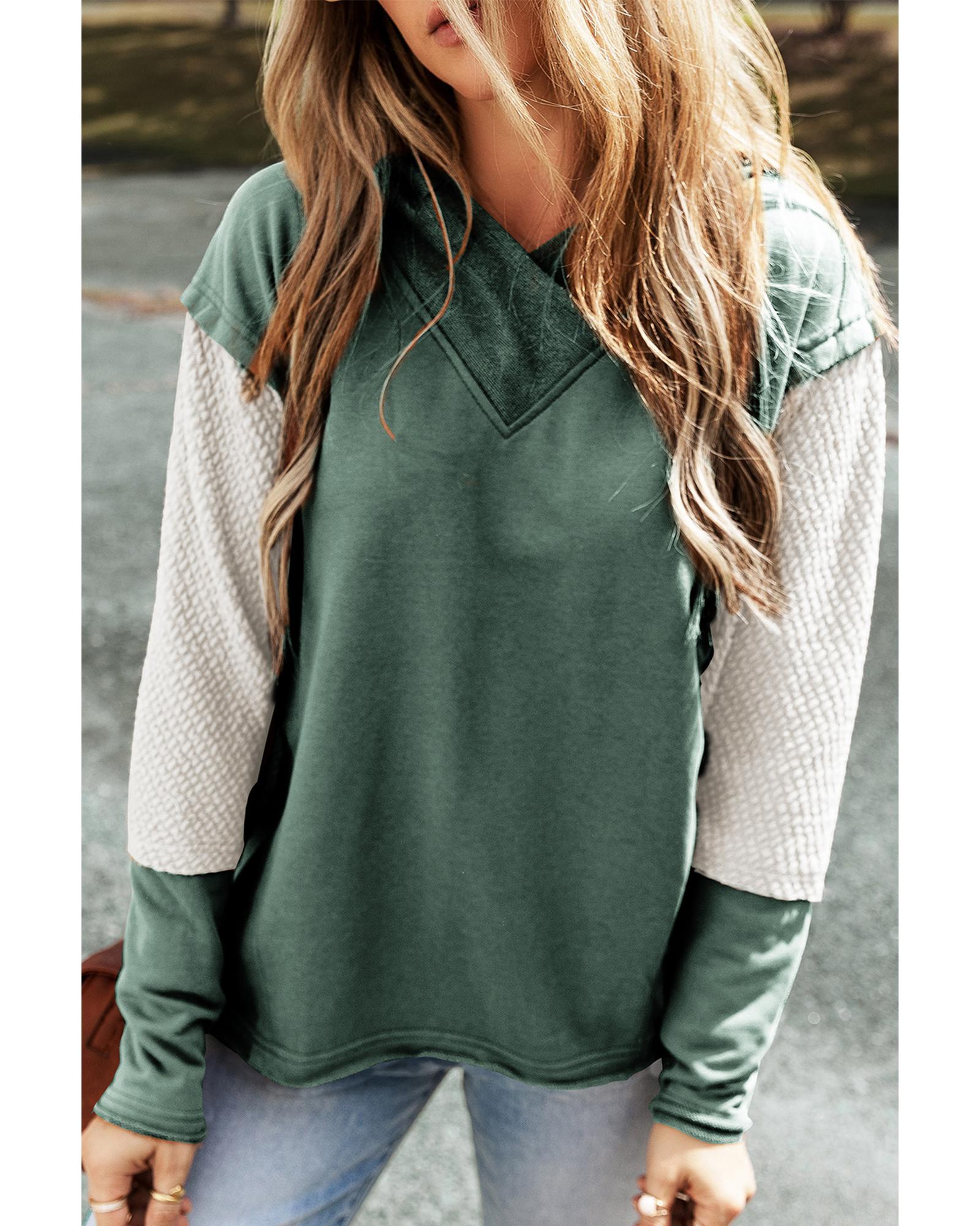 V539-AZEXDC25316258-P509-L-202506122316-00 Mist Green Contrast Sleeves Patchwork Colorblock Hoodie - L - Image 1