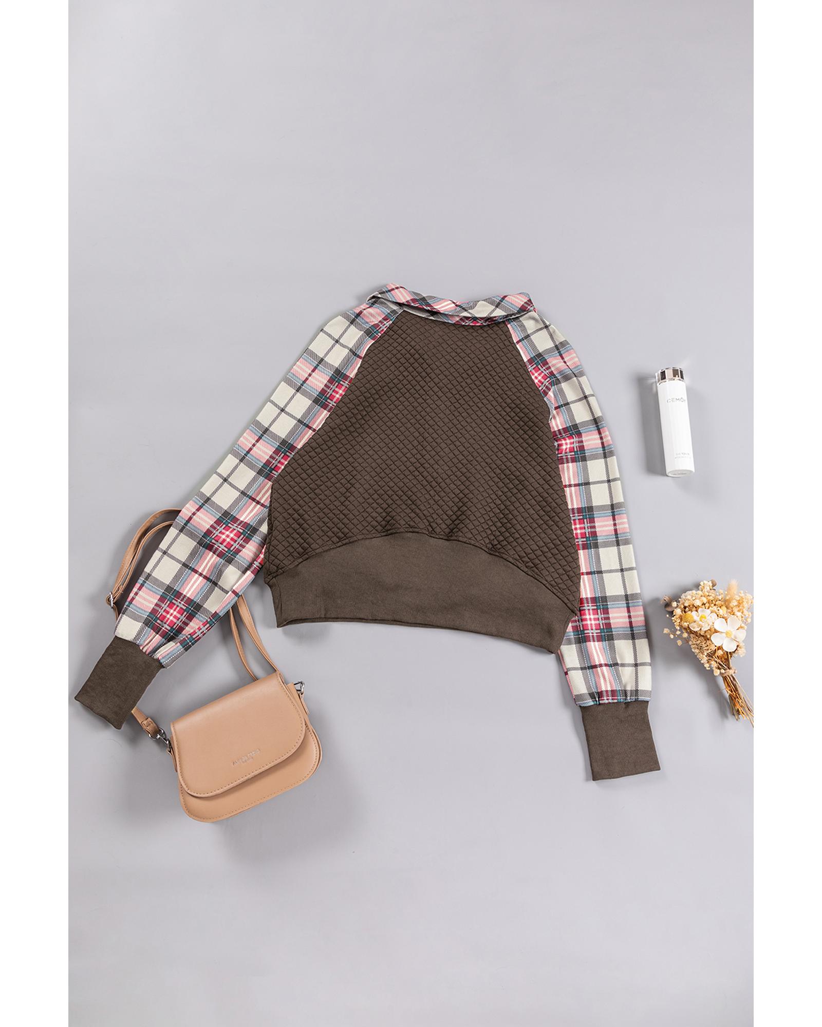 V539-AZEXDC25316346-P1620-L-202508280715-00 Khaki Printed Plaid Sleeve Patchwork Collared Textured Sweatshirt - L - Image 1