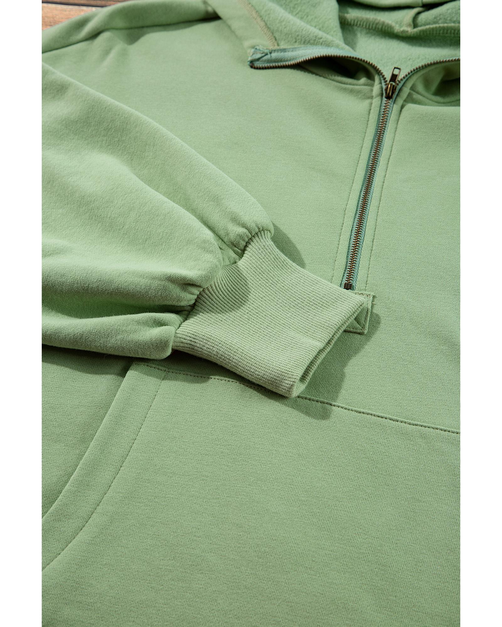 V539-AZEXDC25316626-P2809-L-202508282045-00 Smoke Green Fleece Lined Half Zipper Kangaroo Pockets Loose Hoodie - L - Image 1