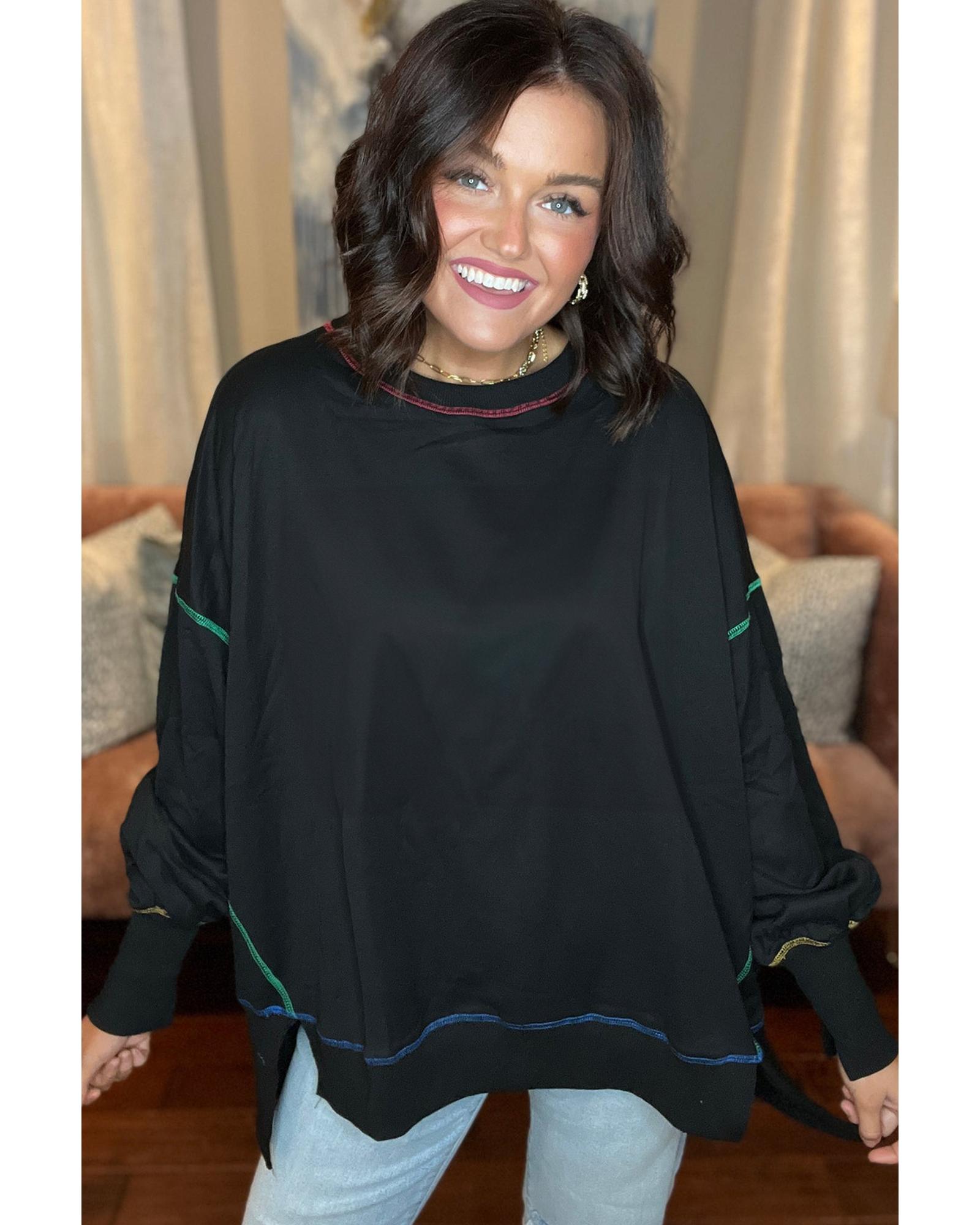 V539-AZEXDC25316659-P2-XL-202508300640-00 Black Contrast Stitching Split Baggy Sweatshirt - XL - Image 1