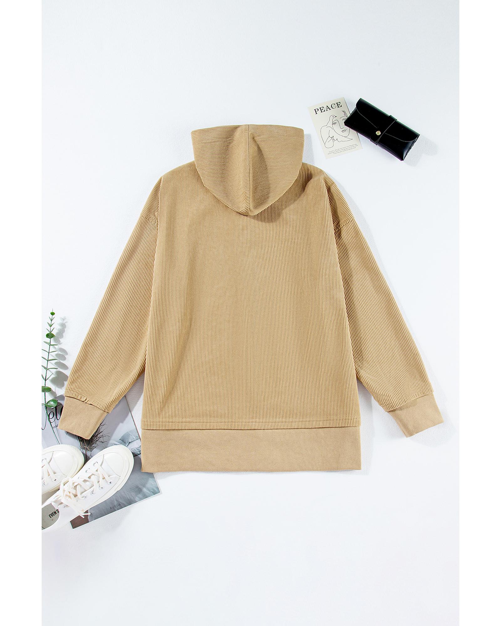 V539-AZEXDC25316685-P6017-2XL-202508280305-00 Simply Taupe Solid Ribbed Knit Buttoned Drop Shoulder Oversized Hoodie - 2XL - Image 1