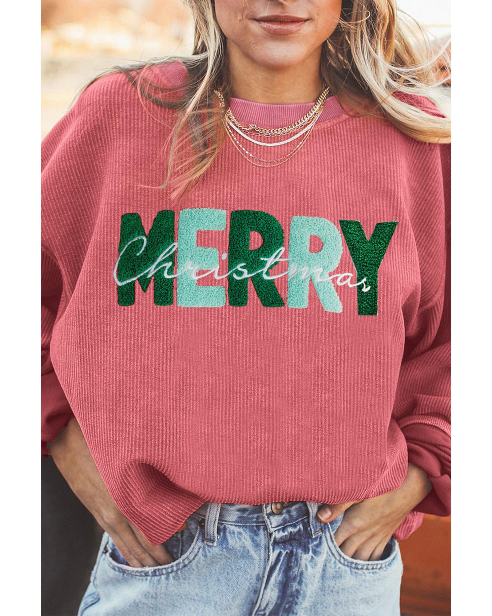V539-AZEXDC25316879-P306-S-202508280655-00 Strawberry Pink MERRY Christmas Corded Pullover Sweatshirt - S - Image 1