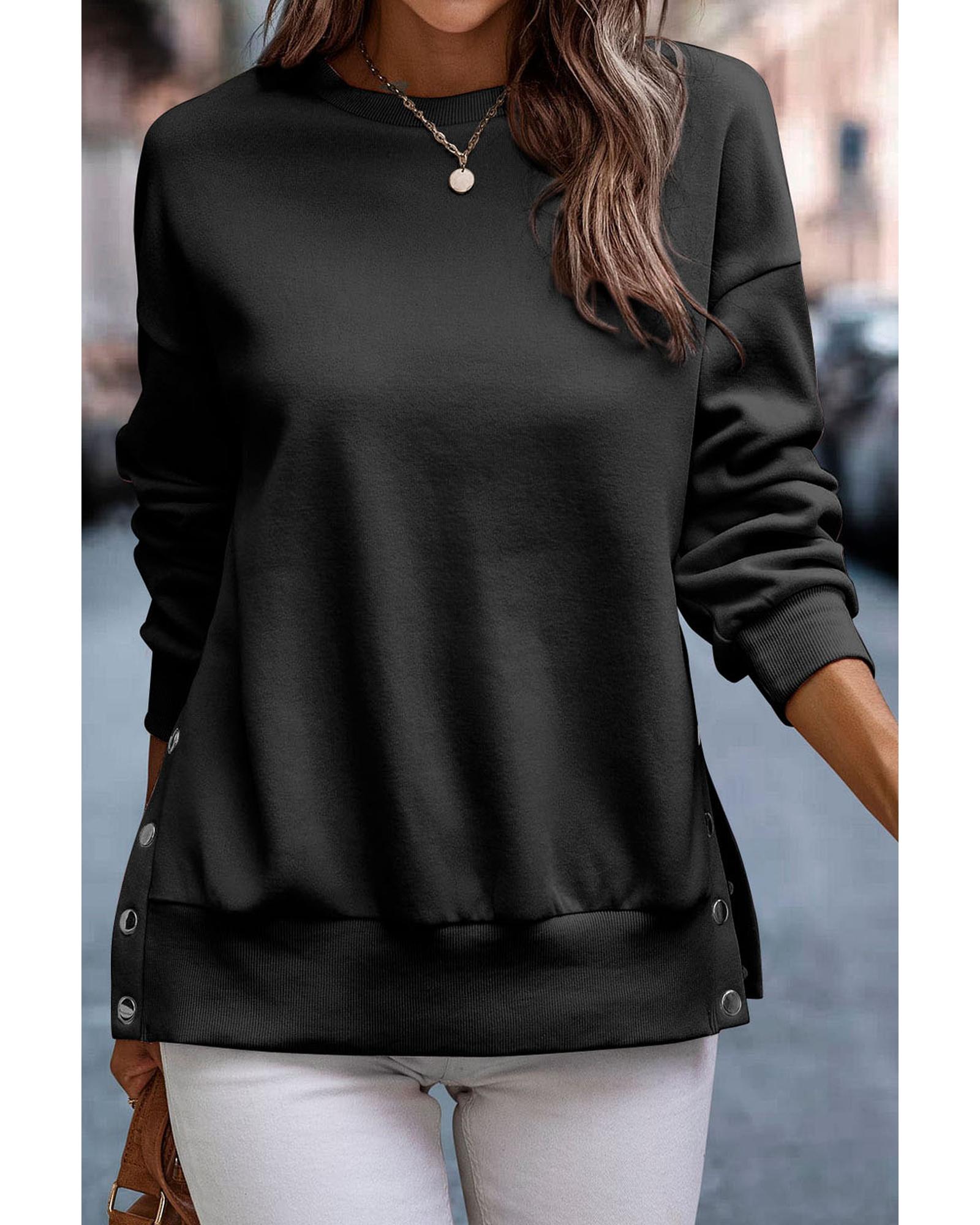 V539-AZEXDC25316883-P2-M-202508281905-00 Black Snap Buttons Side Splits Pullover Sweatshirt - M - Image 1